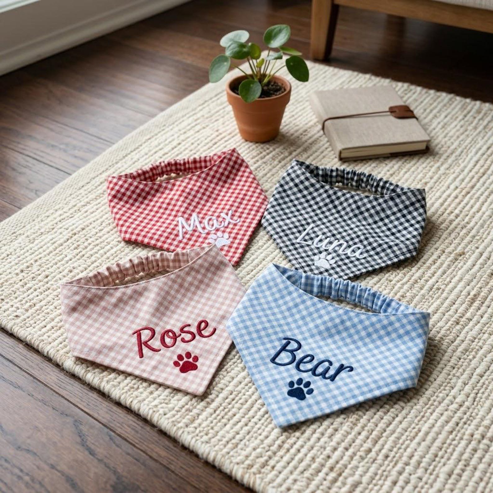 Embroidered Dog Bandana with Custom Name, Personalized Puppy Scarf, Gingham Pet Collar Accessory, Adoption Gift for Dog Lovers Today 1