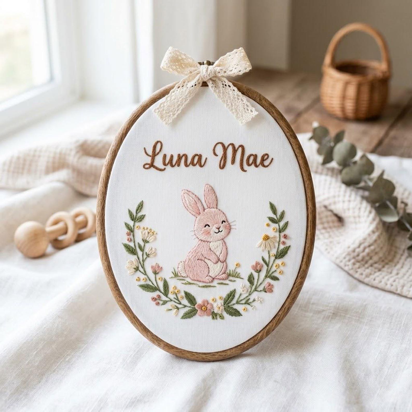 Personalized Nursery Embroidery Hoop, Custom Baby Name Bunny Ornament, Floral Newborn Keepsake, Baby Shower Gift, Nursery Room Decor 2