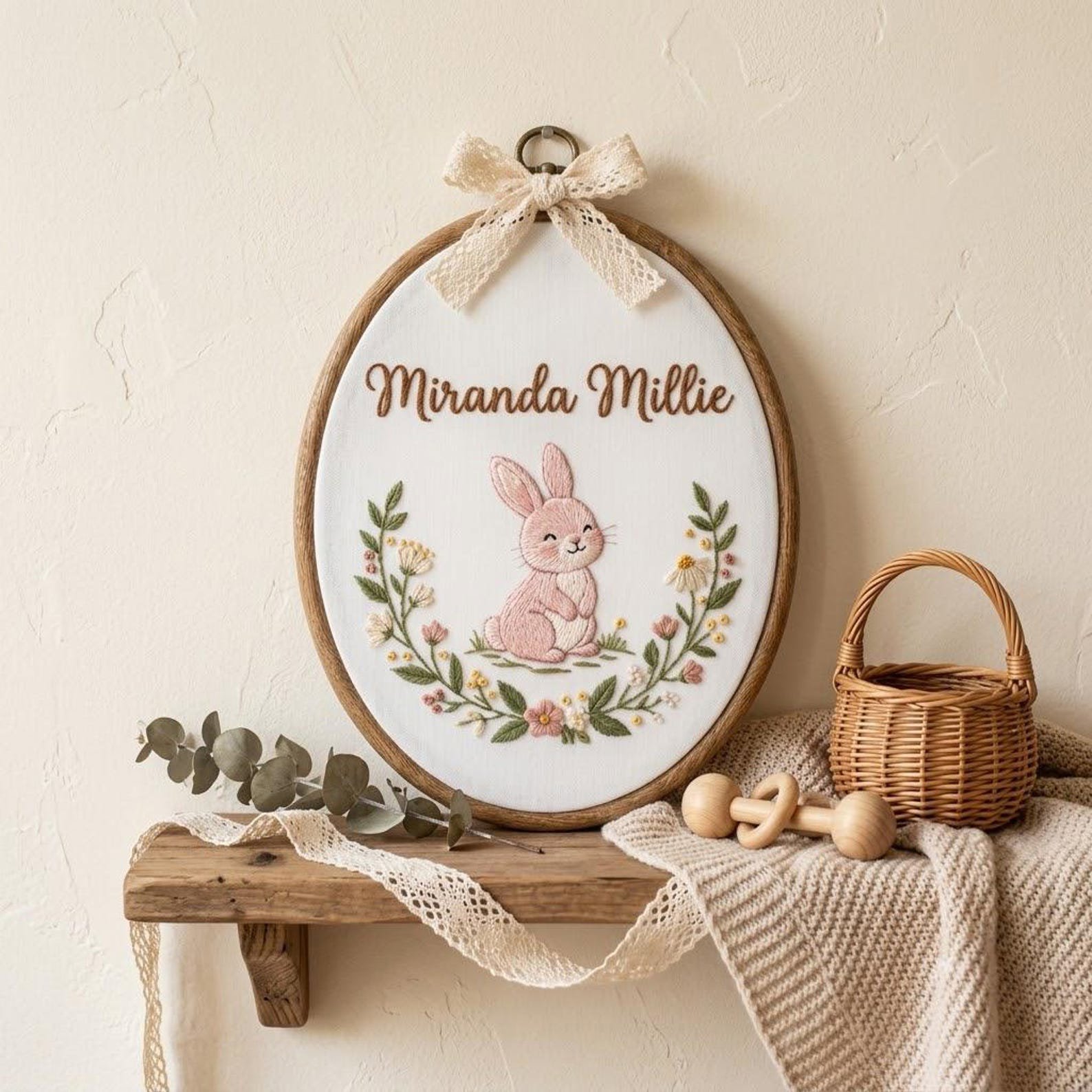 Personalized Nursery Embroidery Hoop, Custom Baby Name Bunny Ornament, Floral Newborn Keepsake, Baby Shower Gift, Nursery Room Decor 1