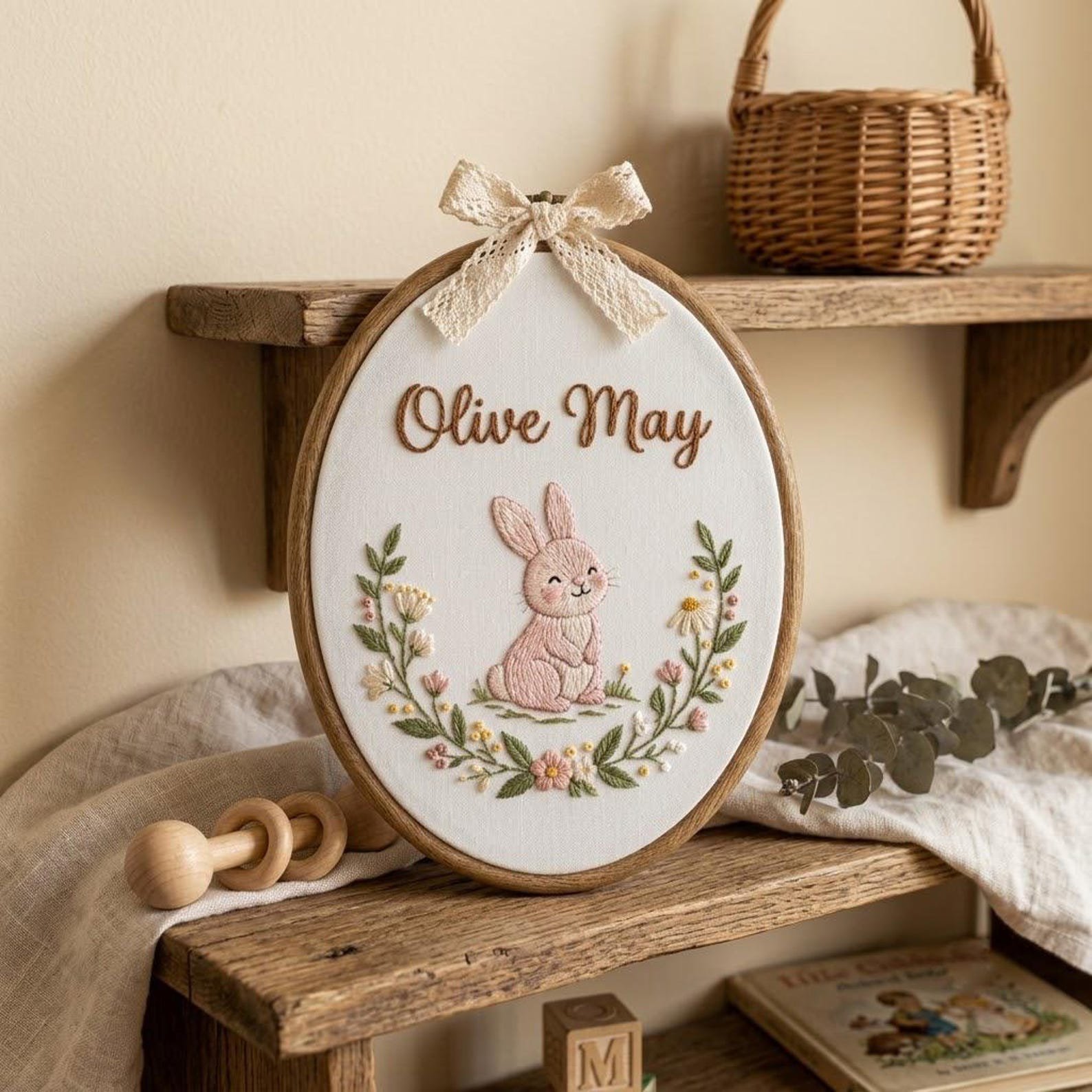 Personalized Nursery Embroidery Hoop, Custom Baby Name Bunny Ornament, Floral Newborn Keepsake, Baby Shower Gift, Nursery Room Decor 3