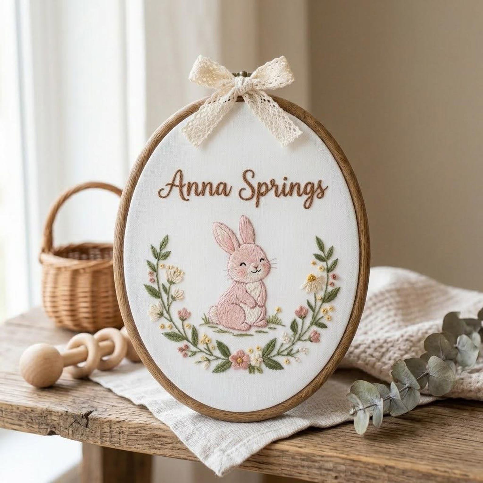 Personalized Nursery Embroidery Hoop, Custom Baby Name Bunny Ornament, Floral Newborn Keepsake, Baby Shower Gift, Nursery Room Decor 4