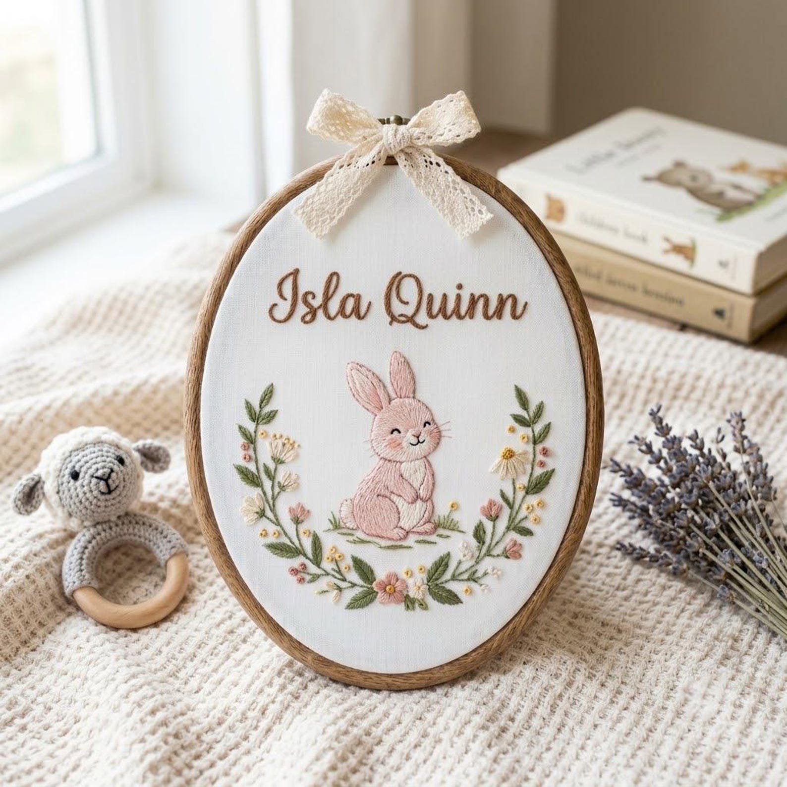 Personalized Nursery Embroidery Hoop, Custom Baby Name Bunny Ornament, Floral Newborn Keepsake, Baby Shower Gift, Nursery Room Decor 5