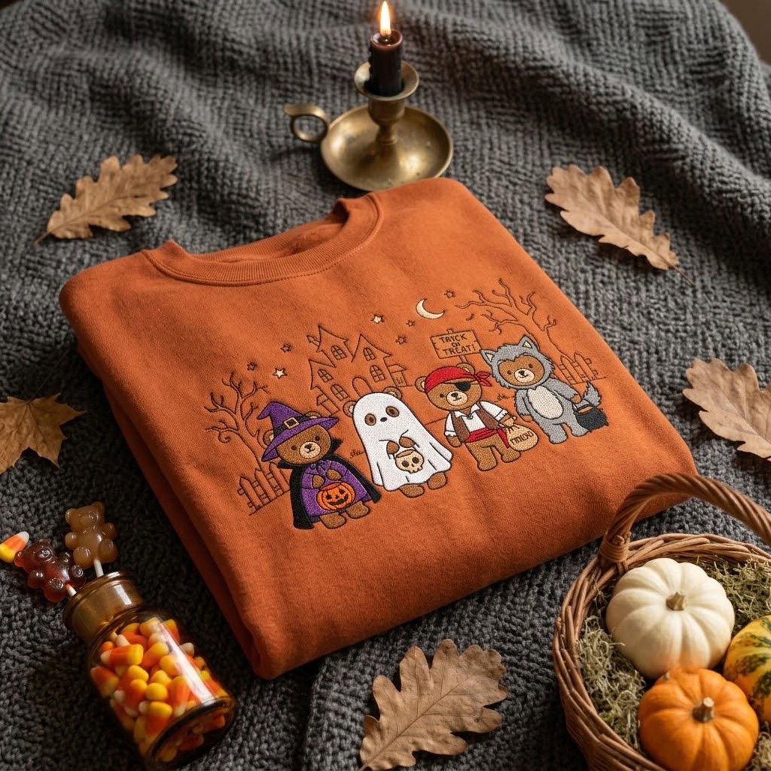 Halloween Animal Embroidered Sweatshirt, Cute Bear Costume Crewneck, Ghost Pumpkin Autumn Gift, Cozy Fall Clothing 2