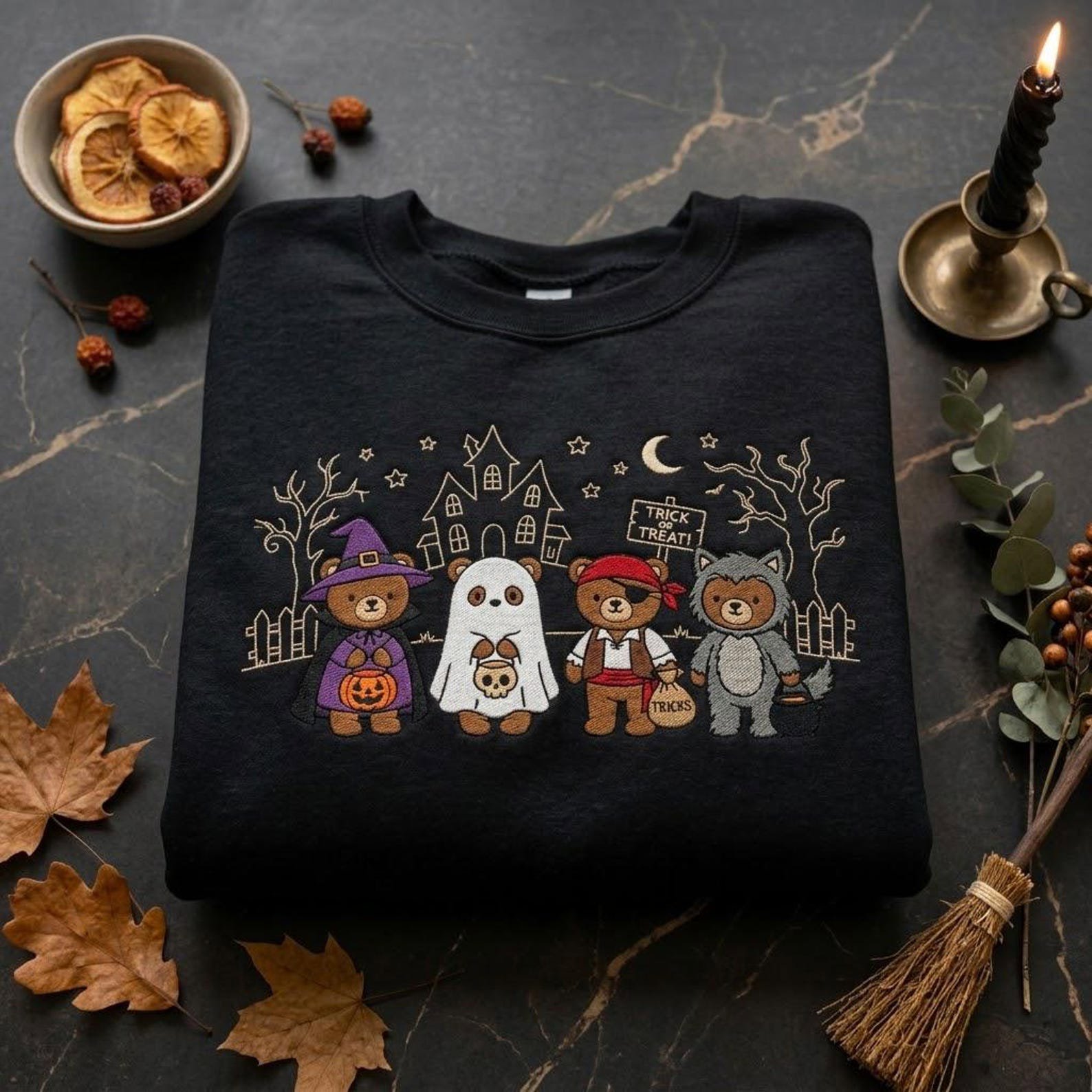 Halloween Animal Embroidered Sweatshirt, Cute Bear Costume Crewneck, Ghost Pumpkin Autumn Gift, Cozy Fall Clothing 3