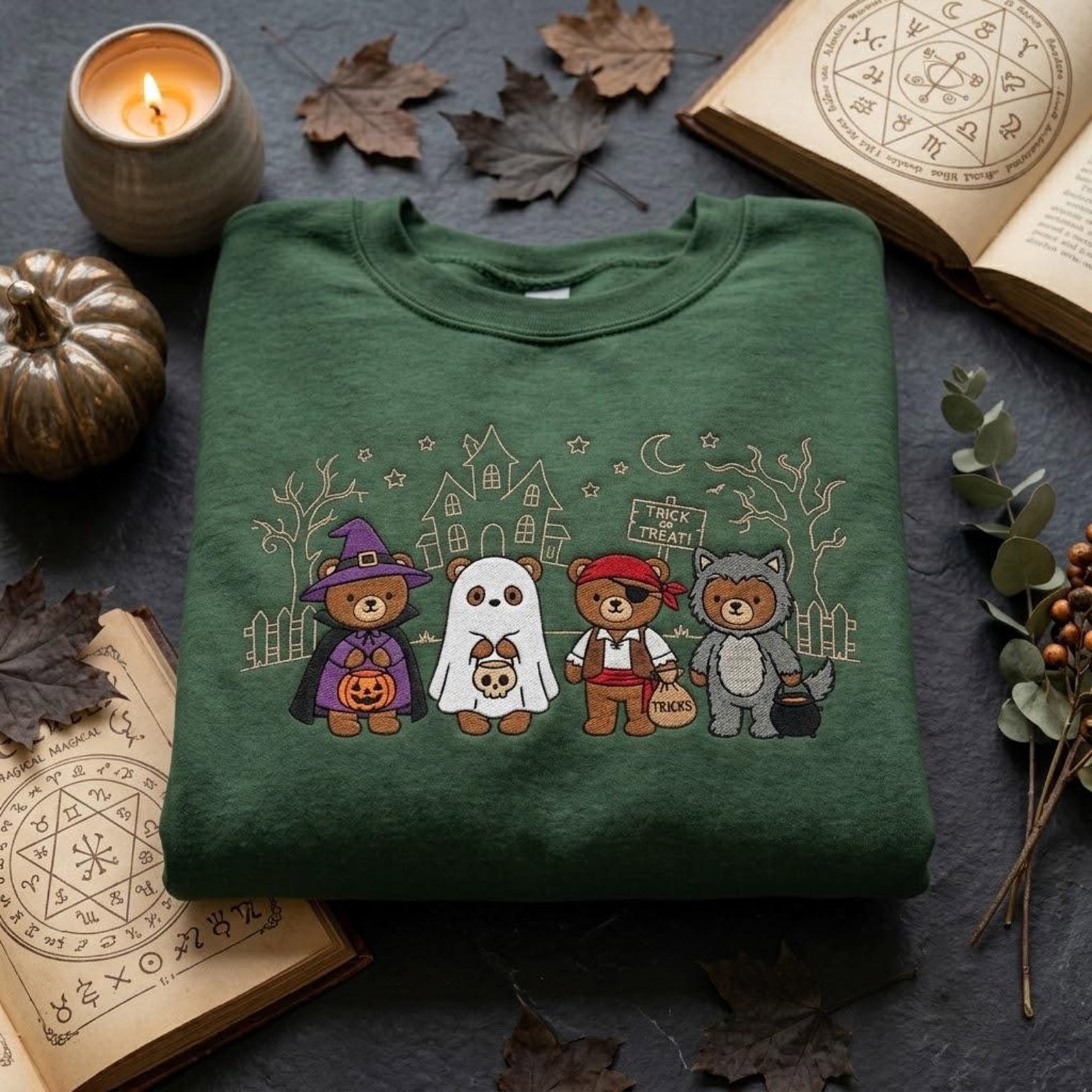 Halloween Animal Embroidered Sweatshirt, Cute Bear Costume Crewneck, Ghost Pumpkin Autumn Gift, Cozy Fall Clothing 4