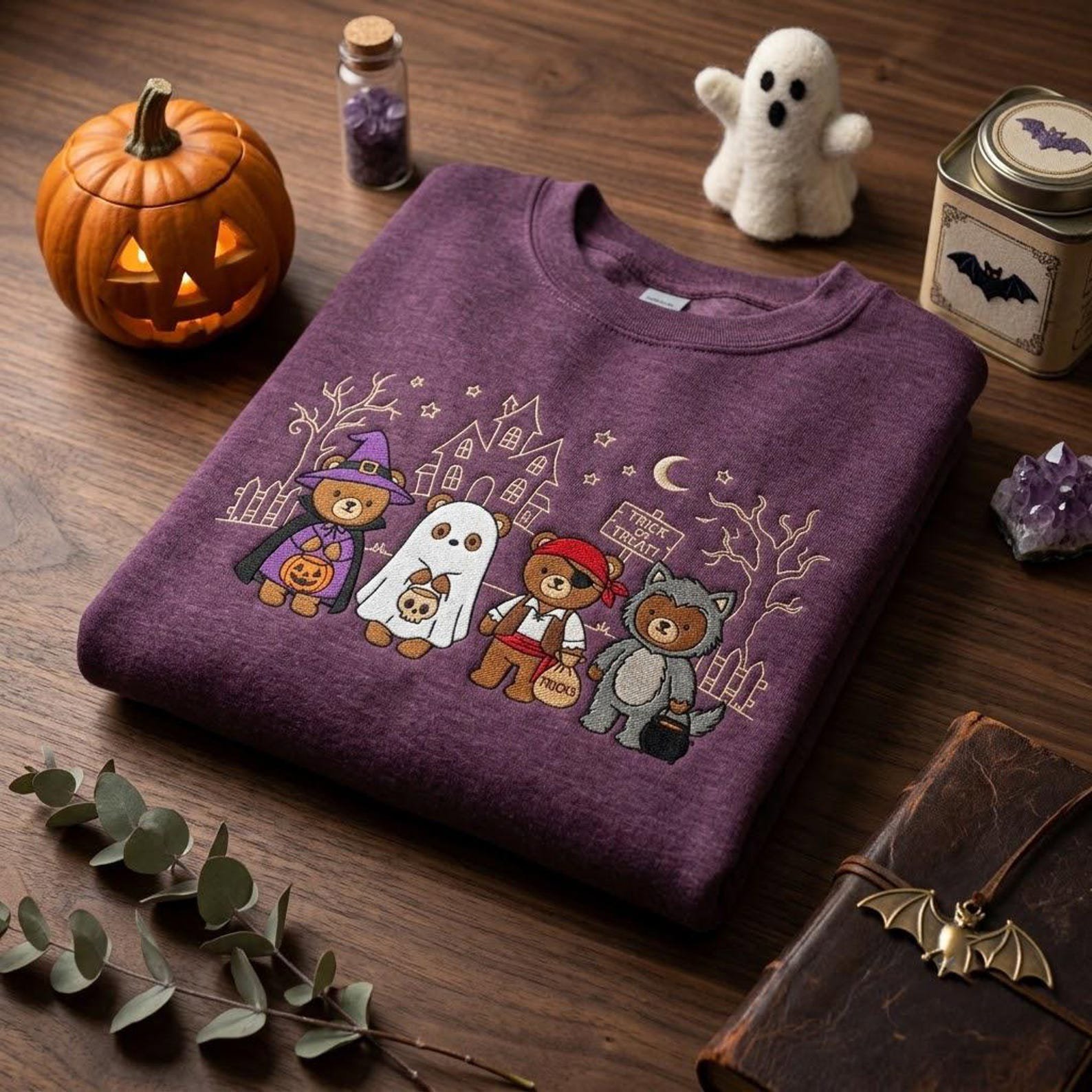 Halloween Animal Embroidered Sweatshirt, Cute Bear Costume Crewneck, Ghost Pumpkin Autumn Gift, Cozy Fall Clothing 5