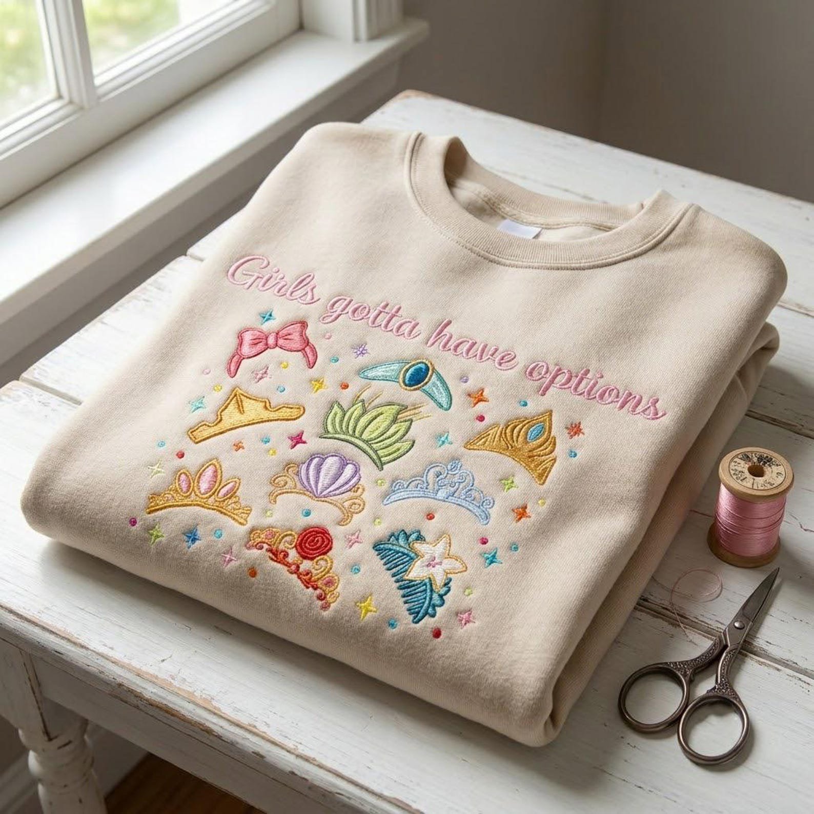 Fairy Tale Embroidered Sweatshirt, Princess Crown Crewneck, Girls Gotta Have Options Gift, Magical Castle Inspired Apparel 2