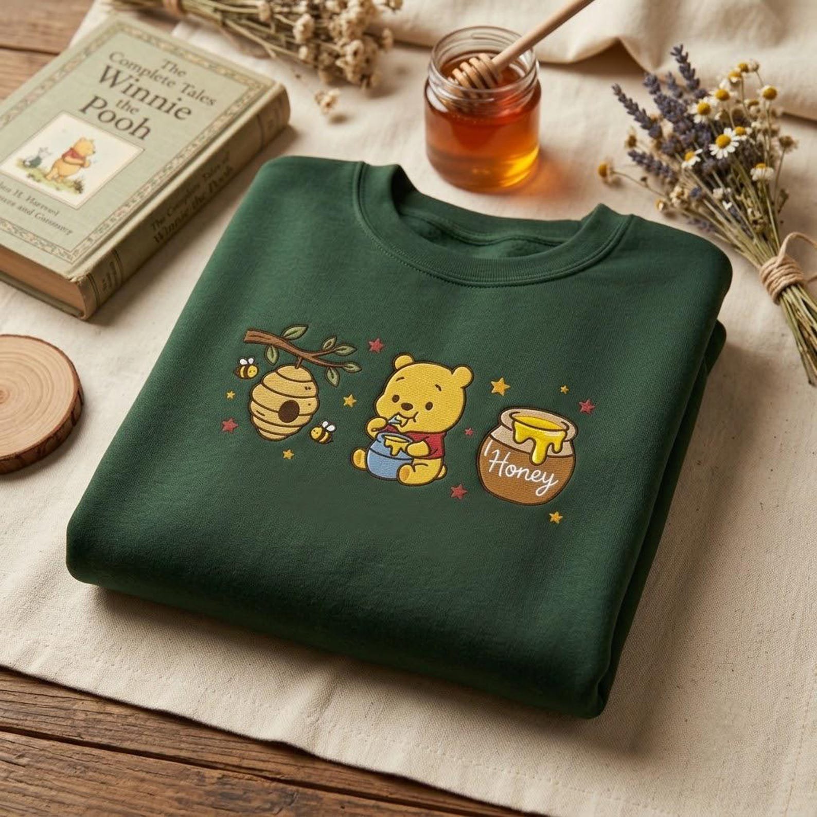 Embroidered Honey Bee Sweatshirt, Sweet Bear Woodland Crewneck, Nature Inspired Pullover, Cozy Autumn Gift, Forest Lover Apparel 3