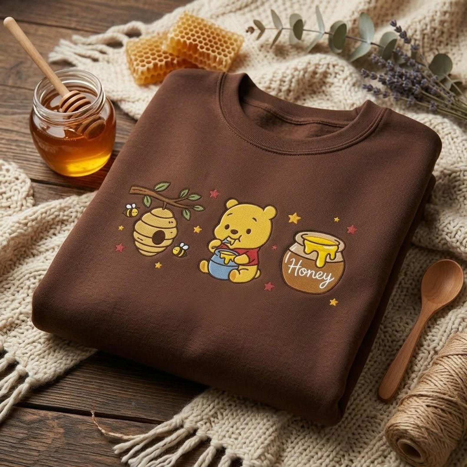 Embroidered Honey Bee Sweatshirt, Sweet Bear Woodland Crewneck, Nature Inspired Pullover, Cozy Autumn Gift, Forest Lover Apparel 4