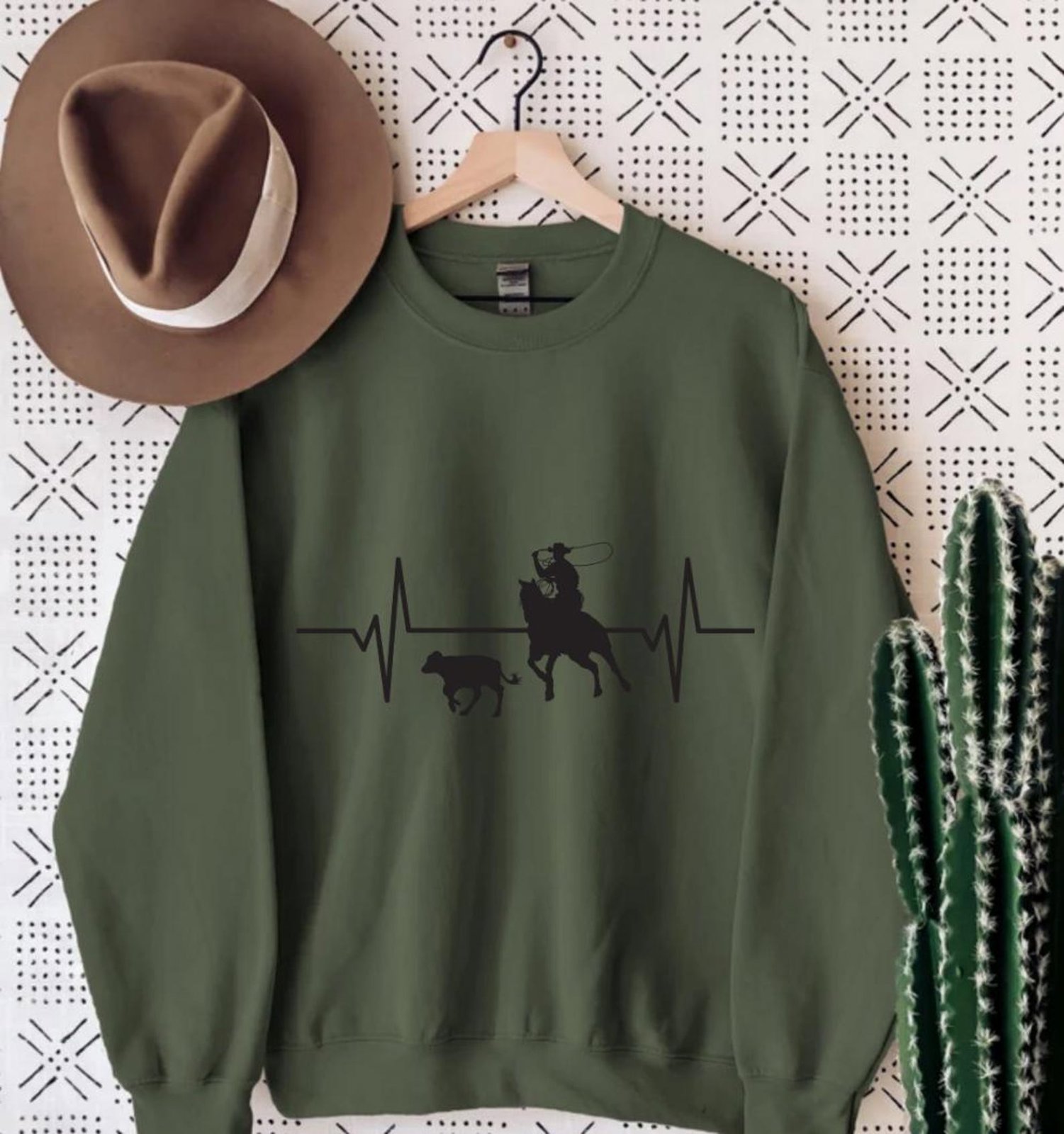 Cowboy Roping Heartbeat Graphic Sweatshirt - Western Rodeo Crewneck 2
