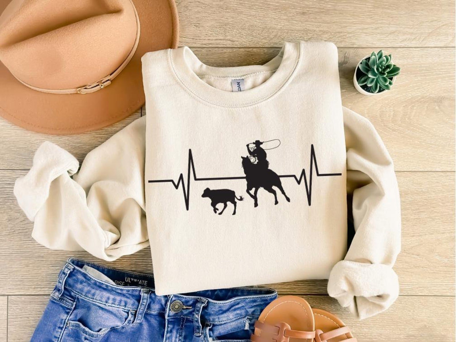 Cowboy Roping Heartbeat Graphic Sweatshirt - Western Rodeo Crewneck 1