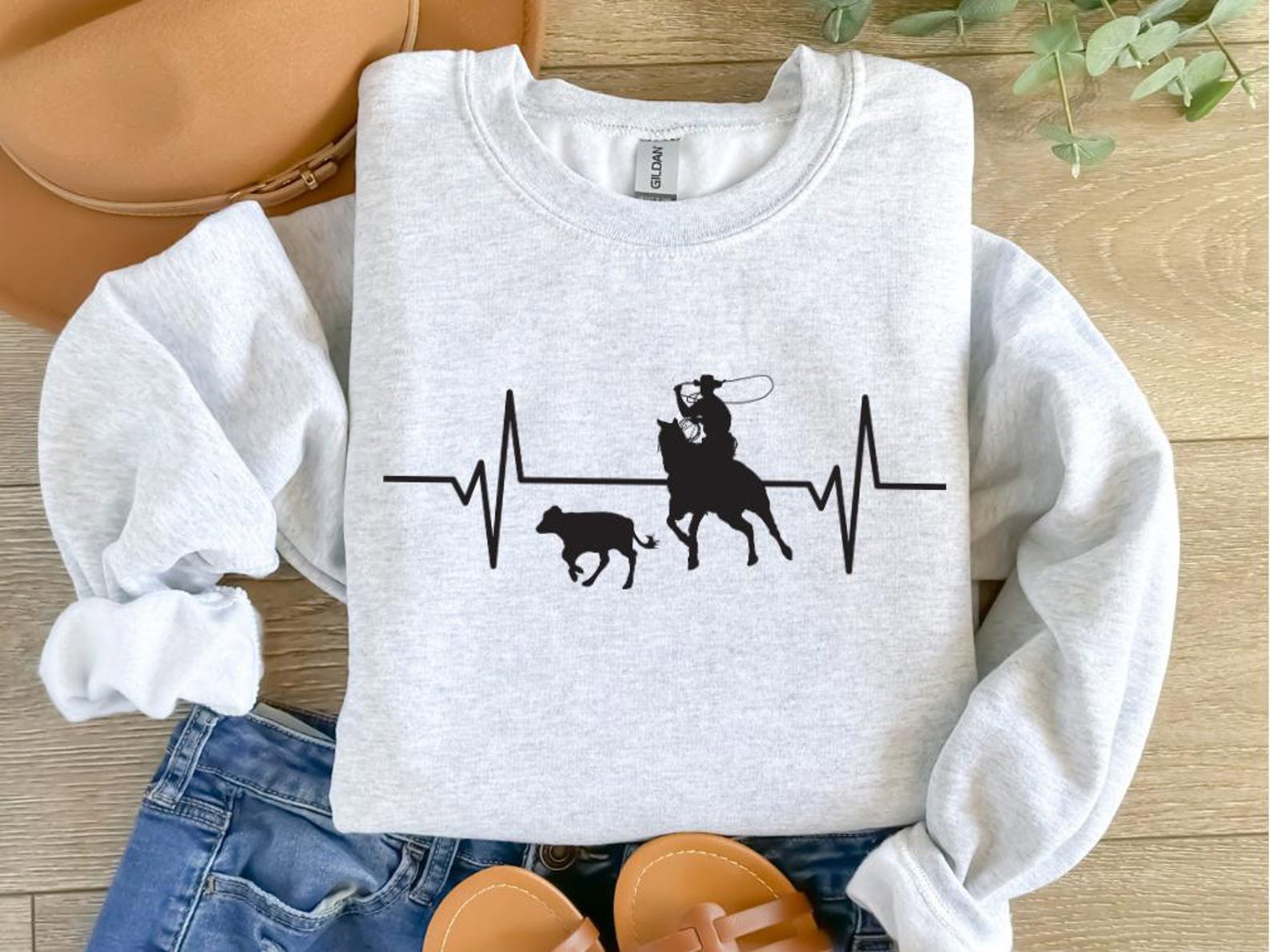 Cowboy Roping Heartbeat Graphic Sweatshirt - Western Rodeo Crewneck 6