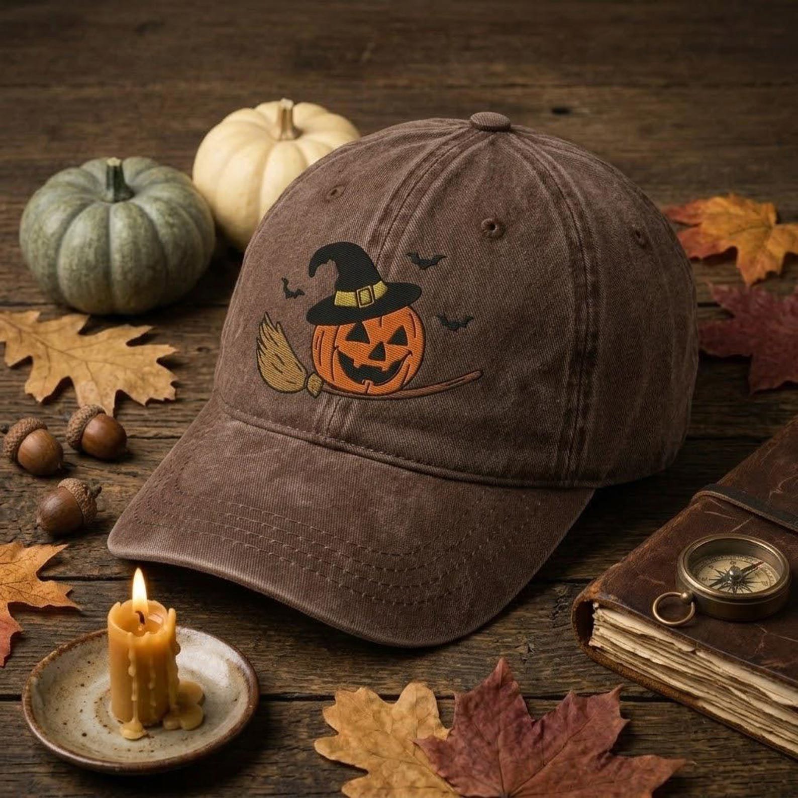 Halloween Pumpkin Baseball Hat, Embroidered Witch Pumpkin Cap, Vintage Washed Hat, Spooky Autumn Outfit, Fall Gift for Pumpkin Lovers 1