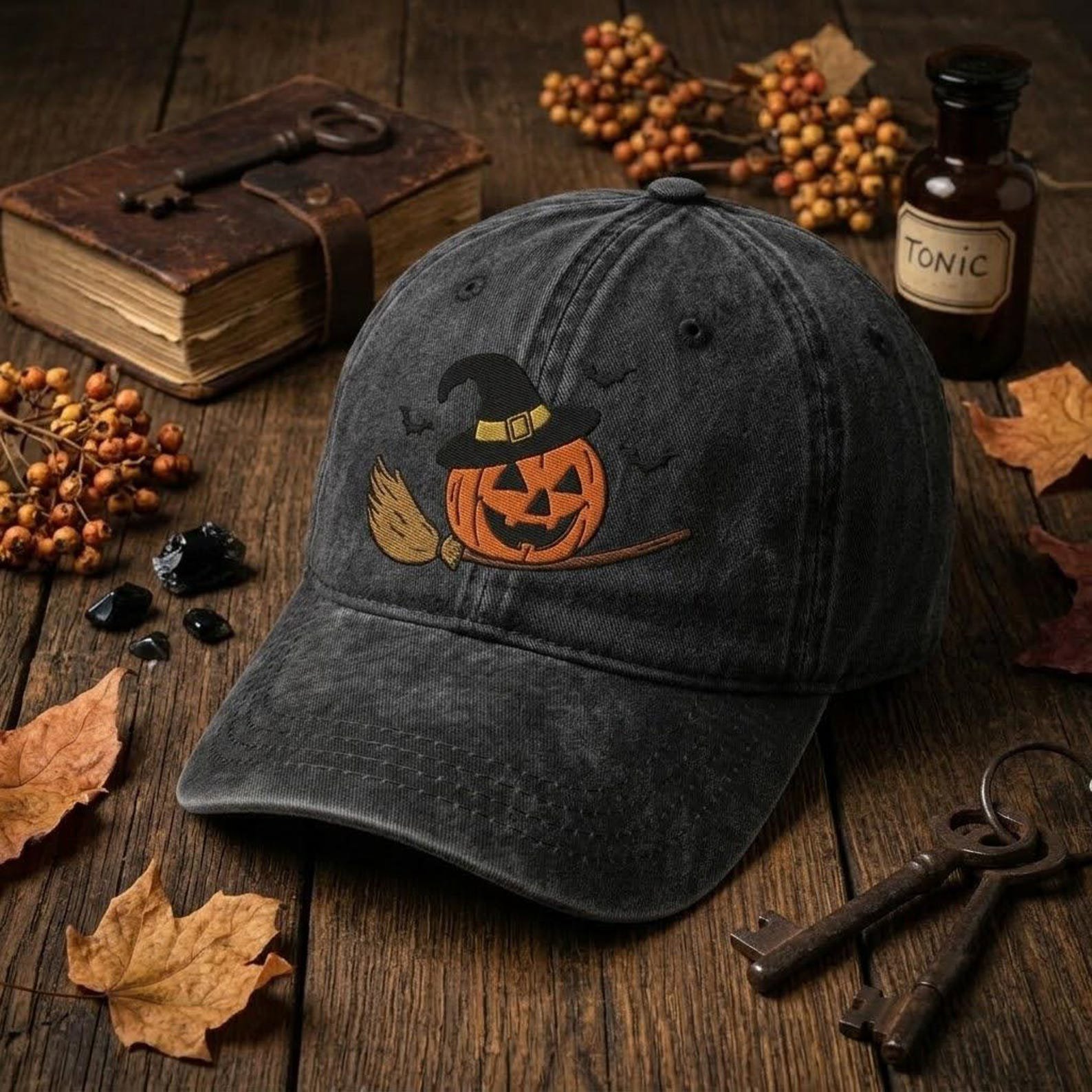 Halloween Pumpkin Baseball Hat, Embroidered Witch Pumpkin Cap, Vintage Washed Hat, Spooky Autumn Outfit, Fall Gift for Pumpkin Lovers 2