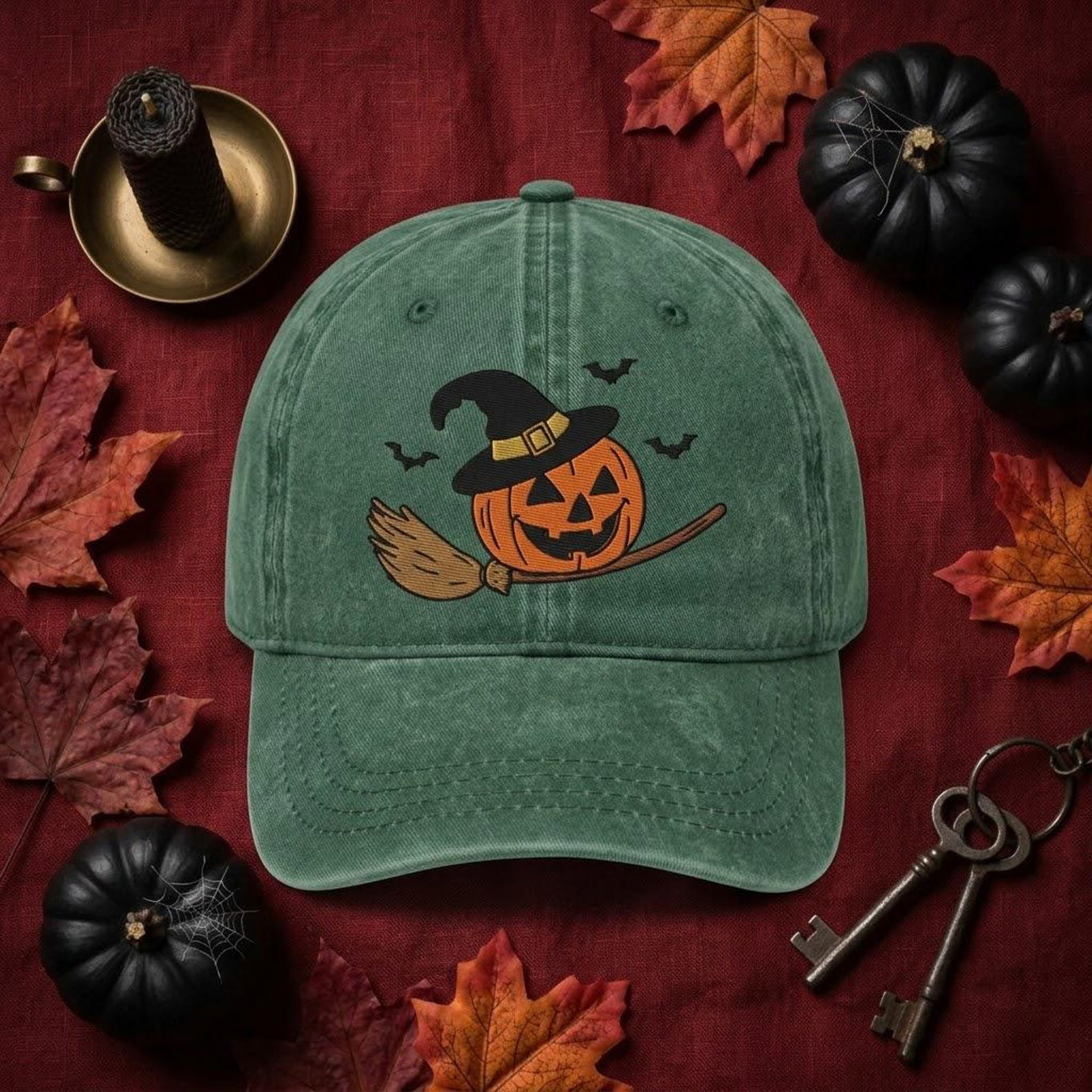 Halloween Pumpkin Baseball Hat, Embroidered Witch Pumpkin Cap, Vintage Washed Hat, Spooky Autumn Outfit, Fall Gift for Pumpkin Lovers 3