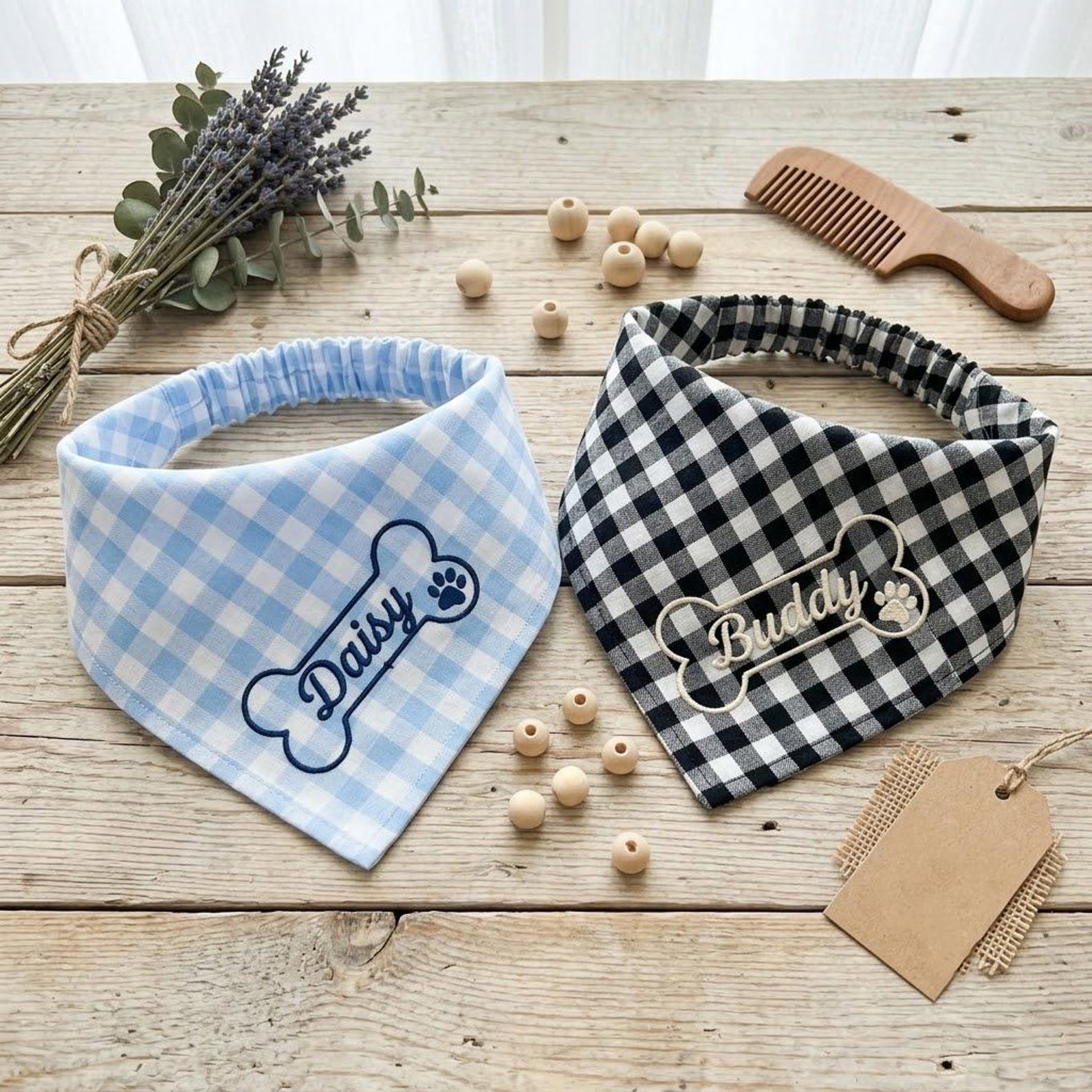 Embroidered Dog Bandana with Custom Name, Gingham Pet Neck Scarf, Personalized Puppy Collar Accessory, Birthday Gift for Dog Lovers 3