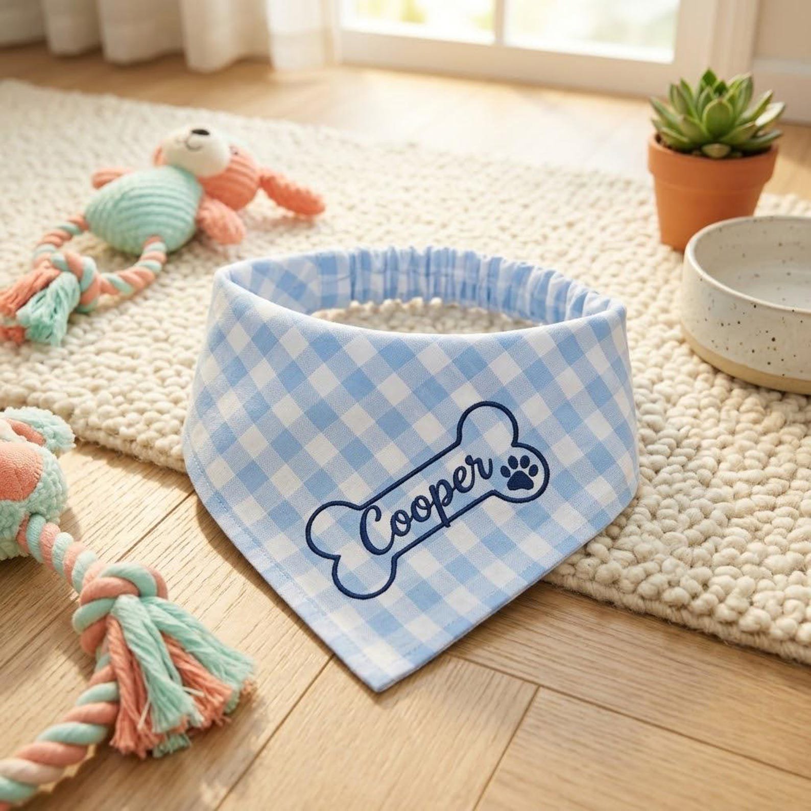 Embroidered Dog Bandana with Custom Name, Gingham Pet Neck Scarf, Personalized Puppy Collar Accessory, Birthday Gift for Dog Lovers 4