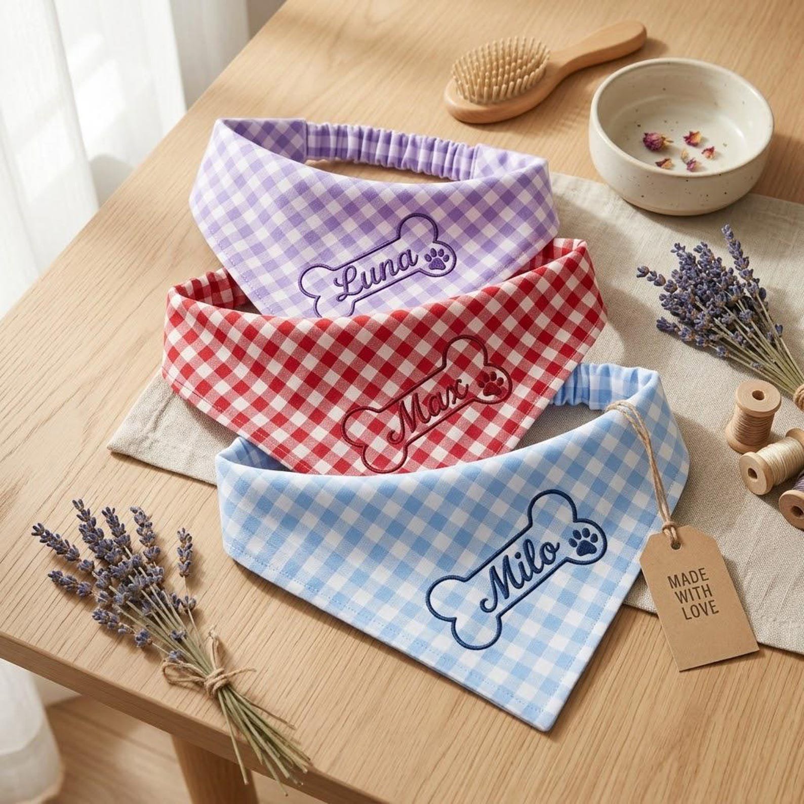 Embroidered Dog Bandana with Custom Name, Gingham Pet Neck Scarf, Personalized Puppy Collar Accessory, Birthday Gift for Dog Lovers 5
