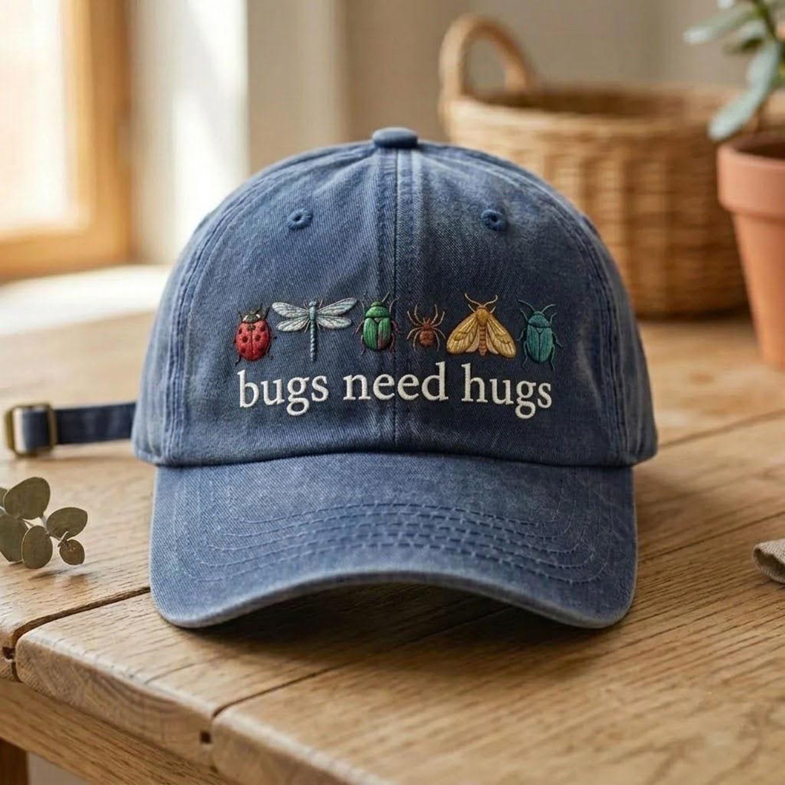 Cute Bug Embroidered Hat, Bugs Need Hugs Washed Cap, Nature Inspired Dad Hat, Insect Lover Gift, Botanical Baseball Cap Style 3