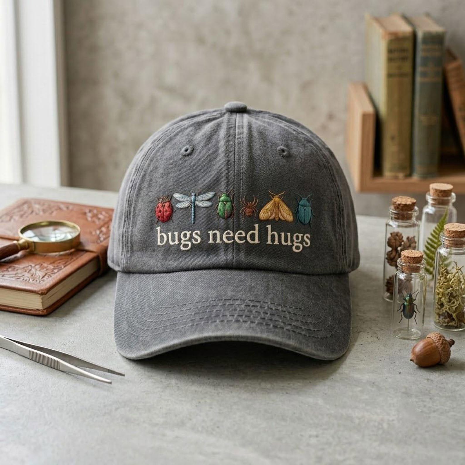 Cute Bug Embroidered Hat, Bugs Need Hugs Washed Cap, Nature Inspired Dad Hat, Insect Lover Gift, Botanical Baseball Cap Style 2