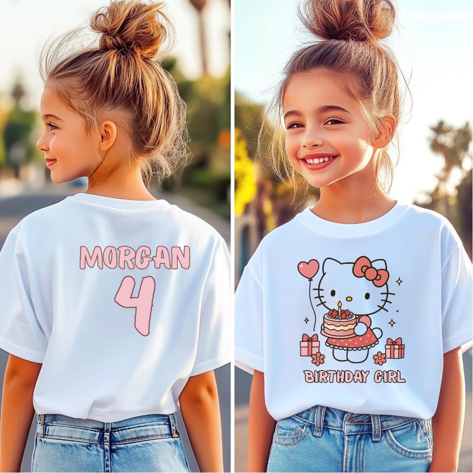 Girls Hello Cat Birthday Shirt, Cute Birthday Girl Matching Family Shirts, Custom Kitty Birthday Theme Party Shirt, Personalized Bday Shirts 1