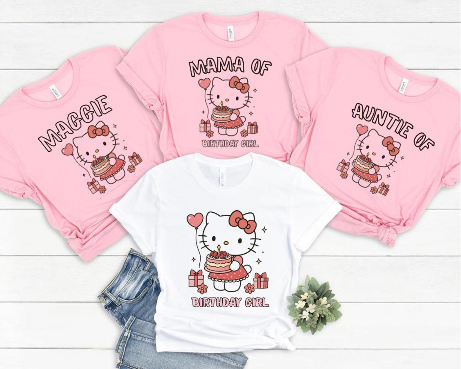 Girls Hello Cat Birthday Shirt, Cute Birthday Girl Matching Family Shirts, Custom Kitty Birthday Theme Party Shirt, Personalized Bday Shirts 4