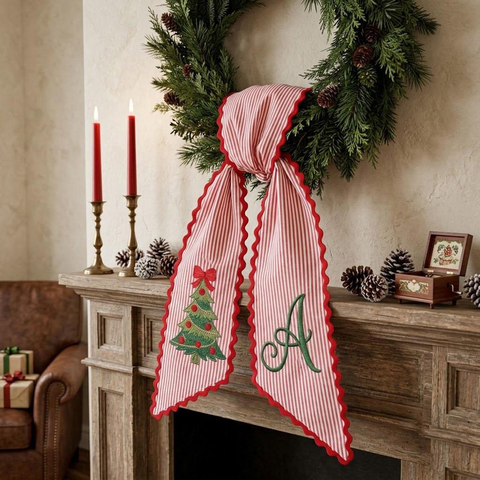 Custom Monogram Christmas Sash, Embroidered Wreath Bow, Personalized Holiday Tree Decor, Festive Door Accent, Family Name Gift Idea 3