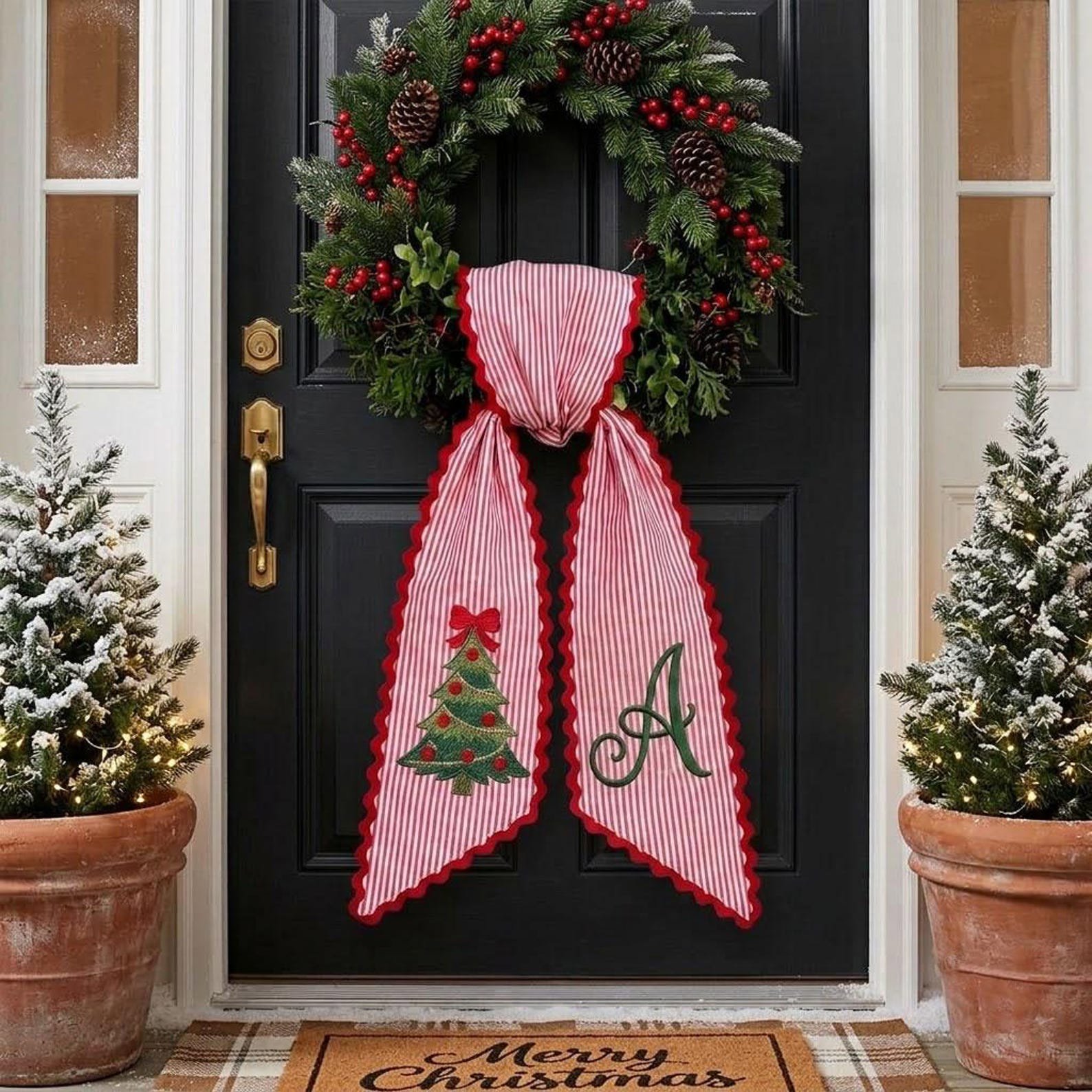 Custom Monogram Christmas Sash, Embroidered Wreath Bow, Personalized Holiday Tree Decor, Festive Door Accent, Family Name Gift Idea 2