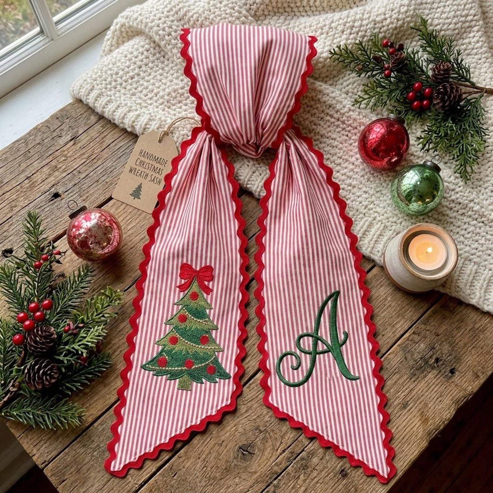 Custom Monogram Christmas Sash, Embroidered Wreath Bow, Personalized Holiday Tree Decor, Festive Door Accent, Family Name Gift Idea 4