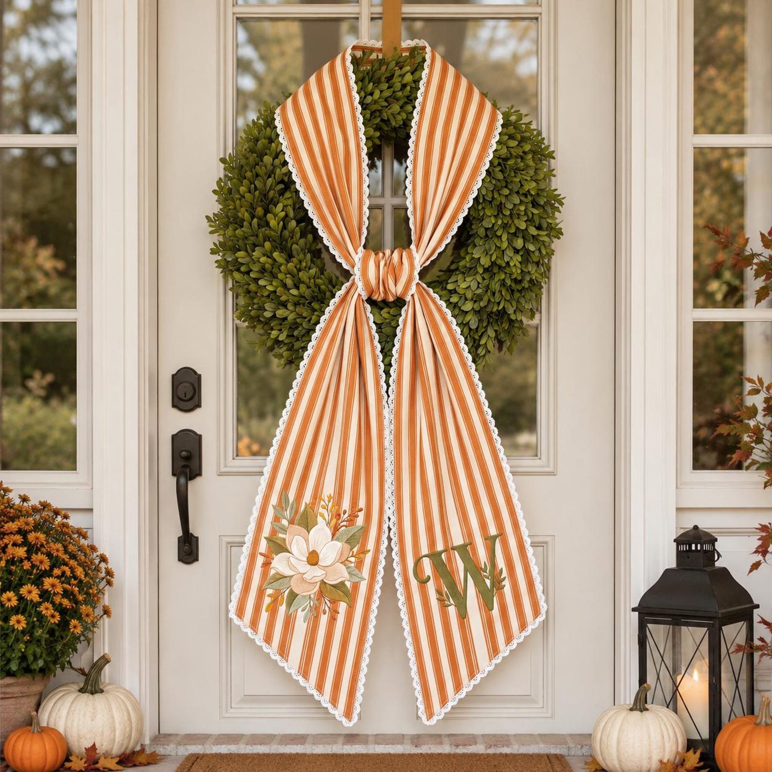 Personalized Fall Door Sash, Embroidered Magnolia Monogram, Autumn Wreath Bow, Unique Housewarming Gift Idea, Striped Front Door Decor 2