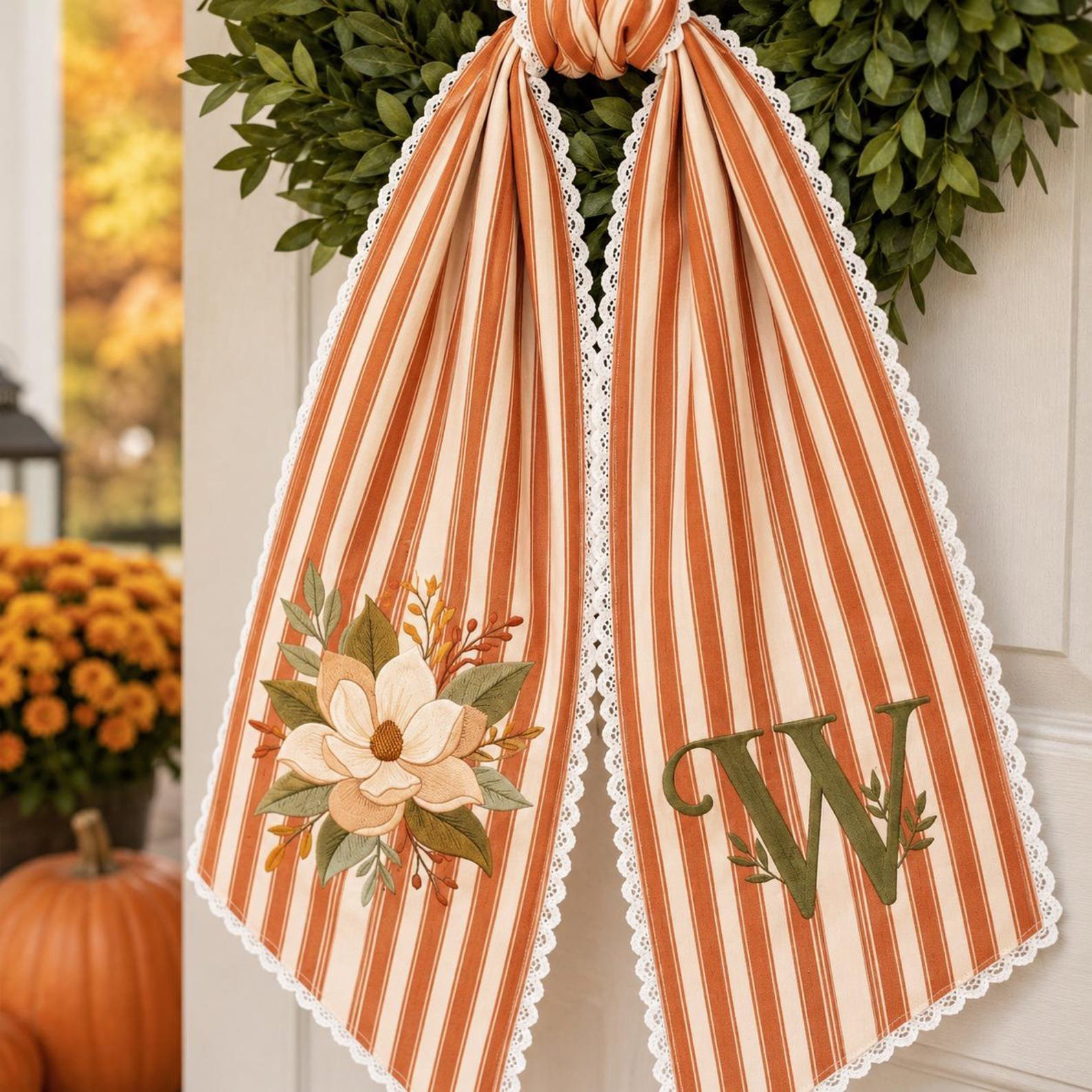Personalized Fall Door Sash, Embroidered Magnolia Monogram, Autumn Wreath Bow, Unique Housewarming Gift Idea, Striped Front Door Decor 3