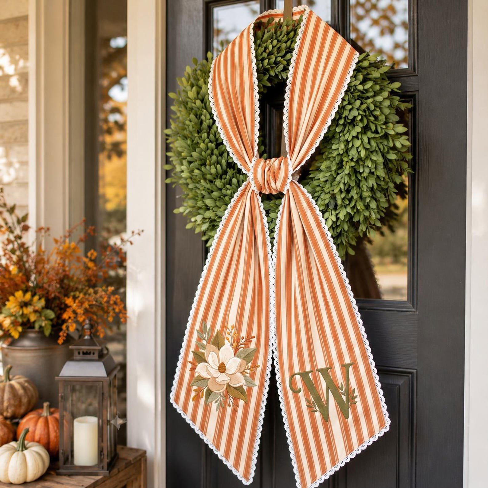 Personalized Fall Door Sash, Embroidered Magnolia Monogram, Autumn Wreath Bow, Unique Housewarming Gift Idea, Striped Front Door Decor 4