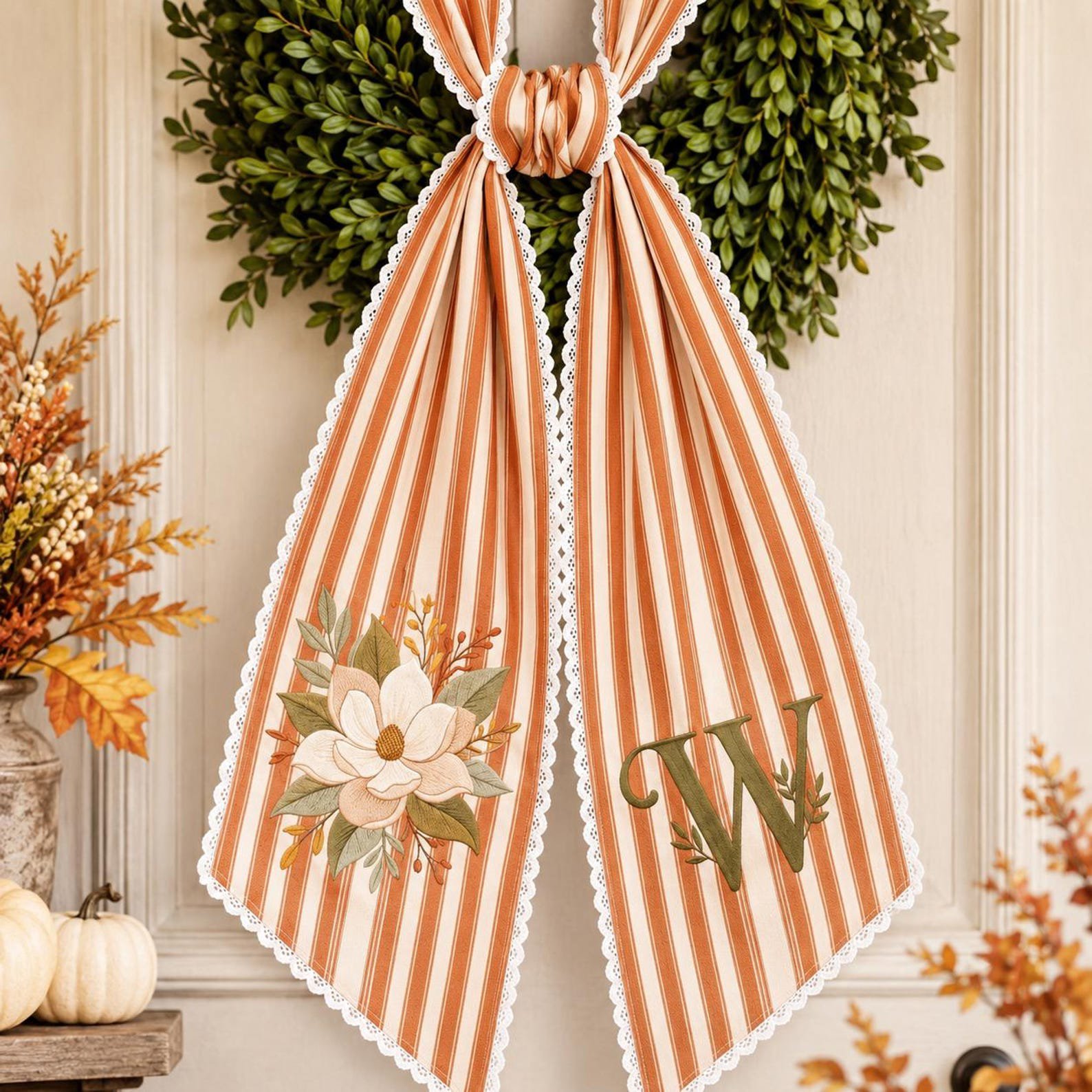 Personalized Fall Door Sash, Embroidered Magnolia Monogram, Autumn Wreath Bow, Unique Housewarming Gift Idea, Striped Front Door Decor 5