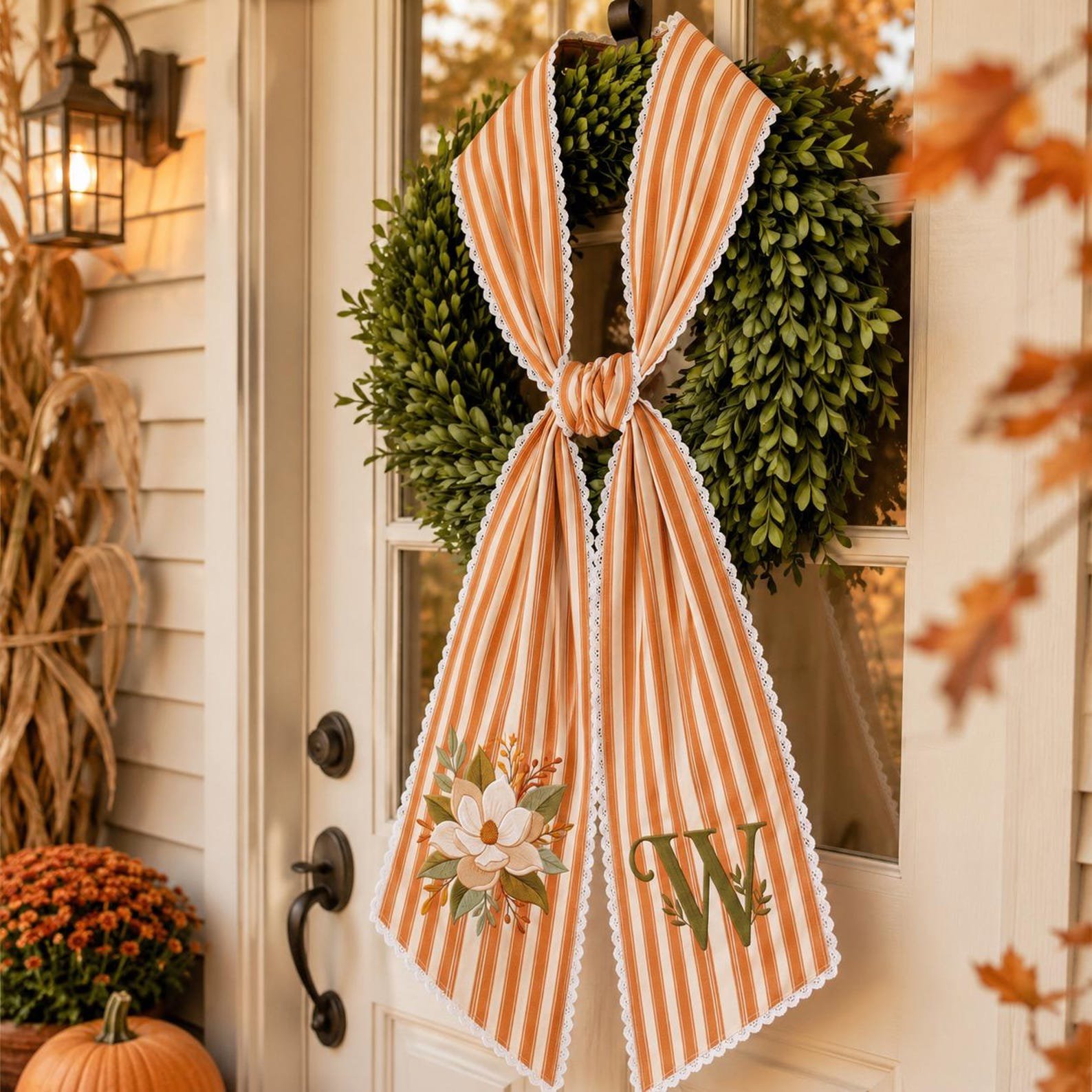 Personalized Fall Door Sash, Embroidered Magnolia Monogram, Autumn Wreath Bow, Unique Housewarming Gift Idea, Striped Front Door Decor 6