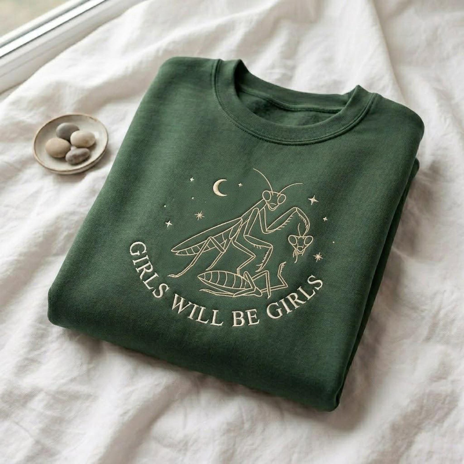 Embroidered Praying Mantis Crewneck, Girls Will Be Girls Sweatshirt, Feminist Insect Pullover, Nature Lover Gift, Biology Apparel 2