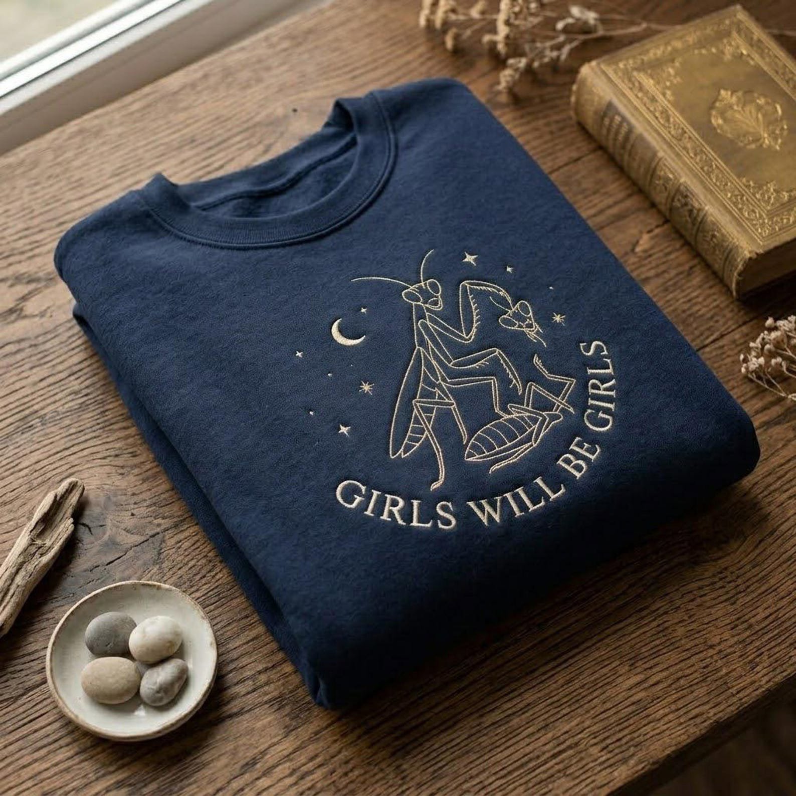 Embroidered Praying Mantis Crewneck, Girls Will Be Girls Sweatshirt, Feminist Insect Pullover, Nature Lover Gift, Biology Apparel 3