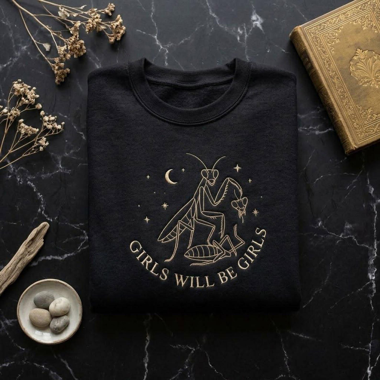Embroidered Praying Mantis Crewneck, Girls Will Be Girls Sweatshirt, Feminist Insect Pullover, Nature Lover Gift, Biology Apparel 4