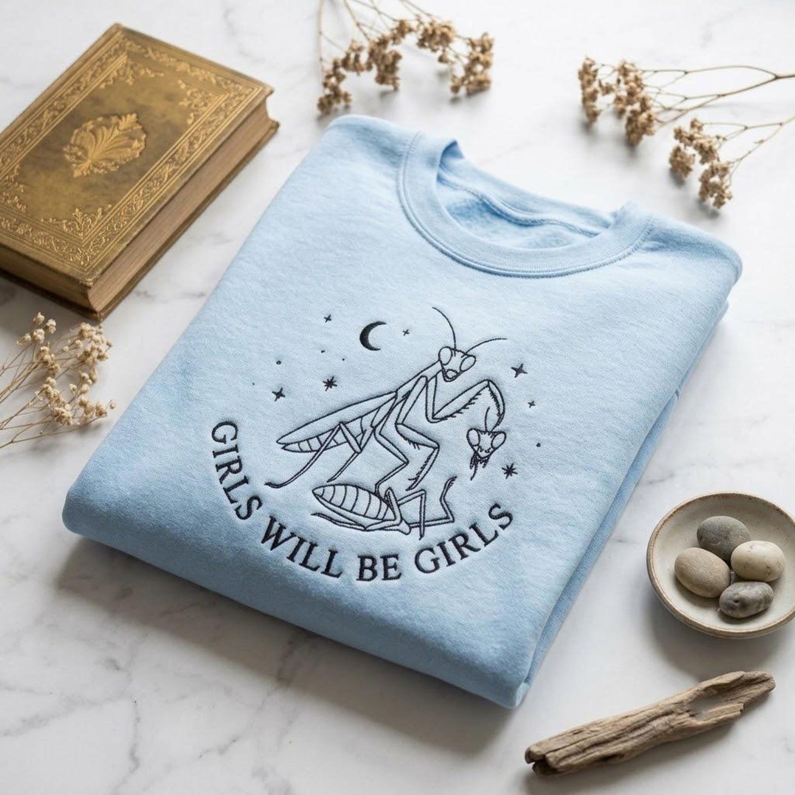 Embroidered Praying Mantis Crewneck, Girls Will Be Girls Sweatshirt, Feminist Insect Pullover, Nature Lover Gift, Biology Apparel 5