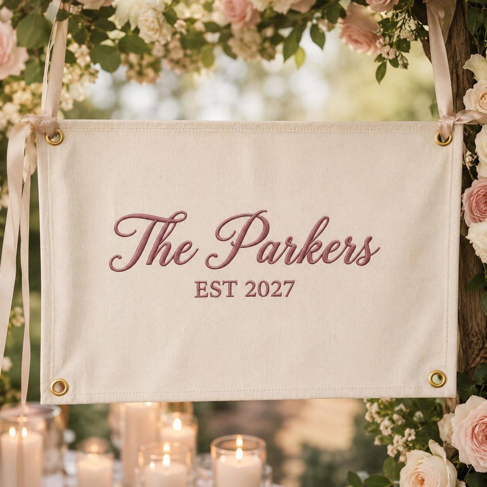 Custom Guest Book Wedding Pennant Flag, Keepsake Wedding Sign, Embroidered Last Name Pennant Flag, Custom Wall Art Decor 4