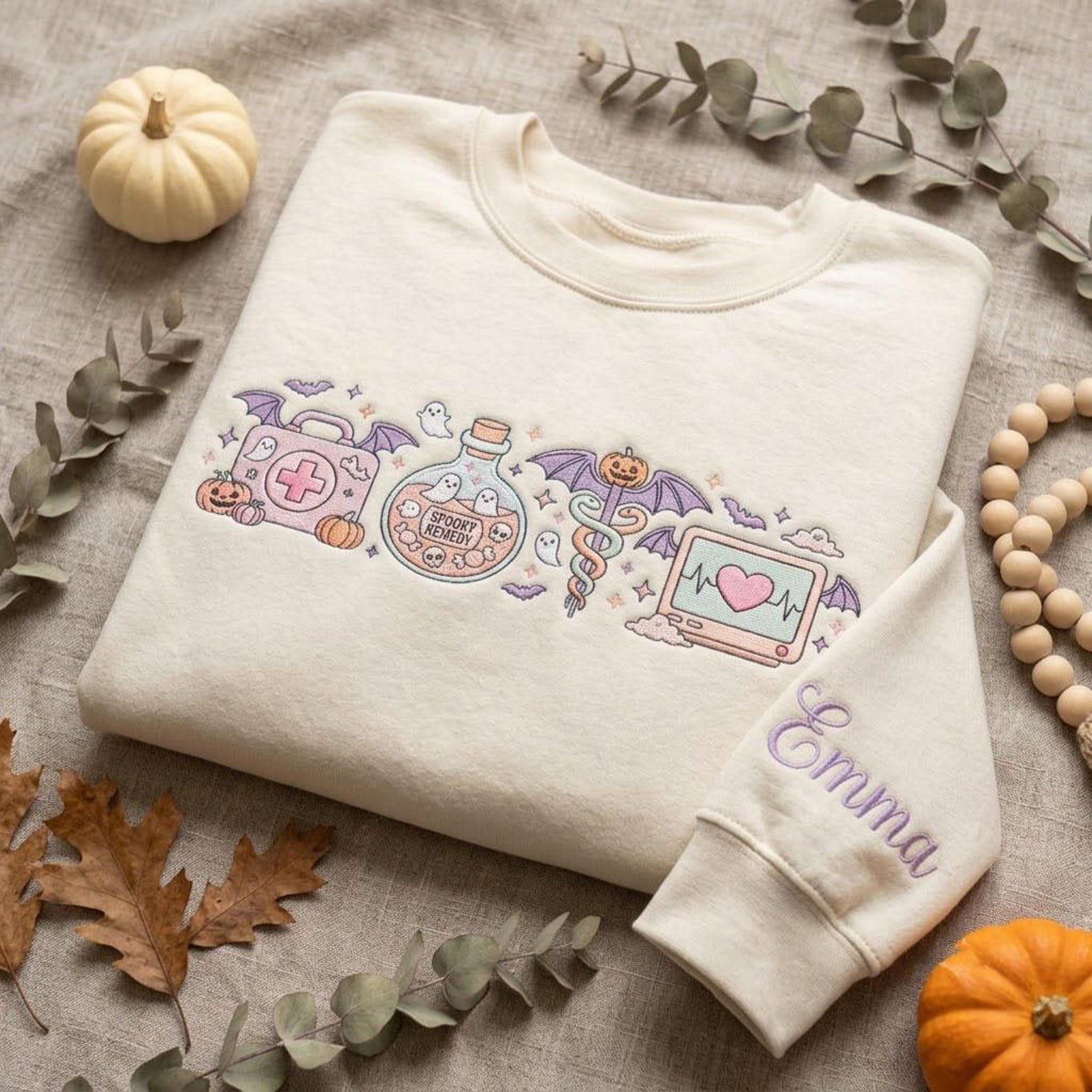 Personalized Halloween Nurse Sweatshirt, Spooky Medical Ghost Embroidery, Custom Sleeve Name, Cute Healthcare Worker Gift Set Idea 2