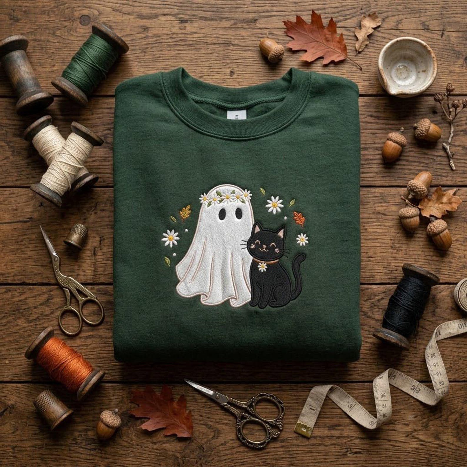 Cute Ghost and Black Cat Sweatshirt, Embroidered Halloween Crewneck, Floral Spooky Shirt, Autumn Gift, Cozy Fall Gift Idea for Mom 2