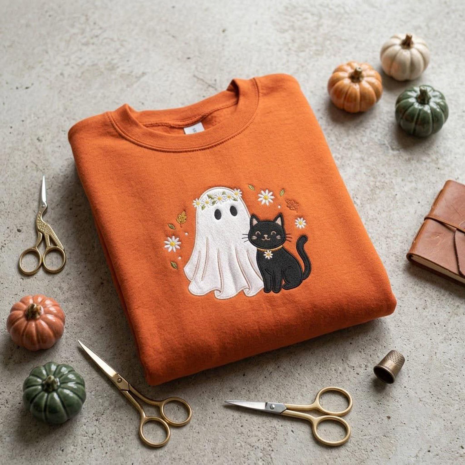 Cute Ghost and Black Cat Sweatshirt, Embroidered Halloween Crewneck, Floral Spooky Shirt, Autumn Gift, Cozy Fall Gift Idea for Mom 3