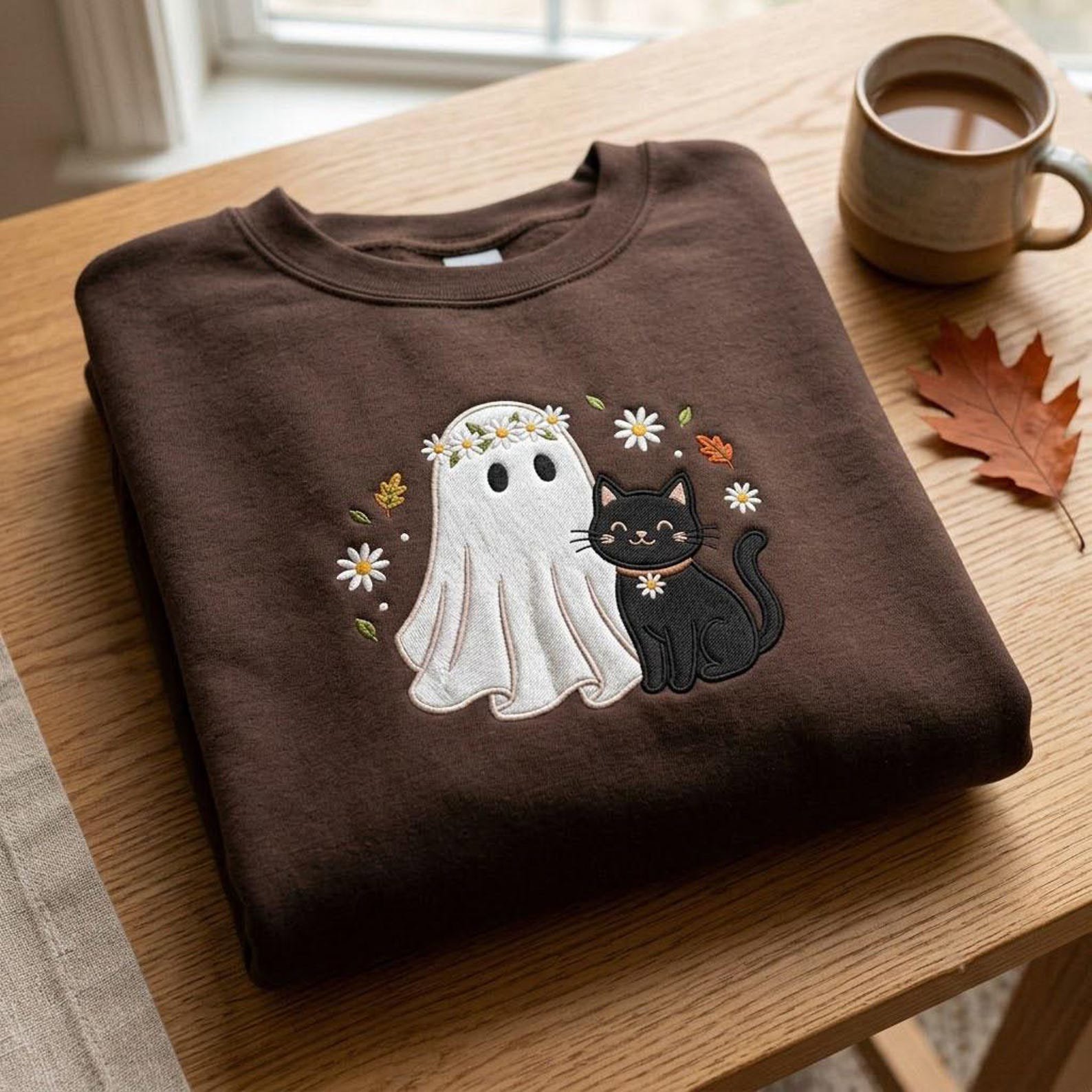 Cute Ghost and Black Cat Sweatshirt, Embroidered Halloween Crewneck, Floral Spooky Shirt, Autumn Gift, Cozy Fall Gift Idea for Mom 1