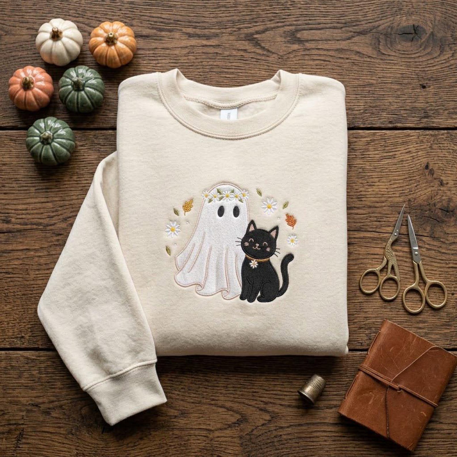 Cute Ghost and Black Cat Sweatshirt, Embroidered Halloween Crewneck, Floral Spooky Shirt, Autumn Gift, Cozy Fall Gift Idea for Mom 4