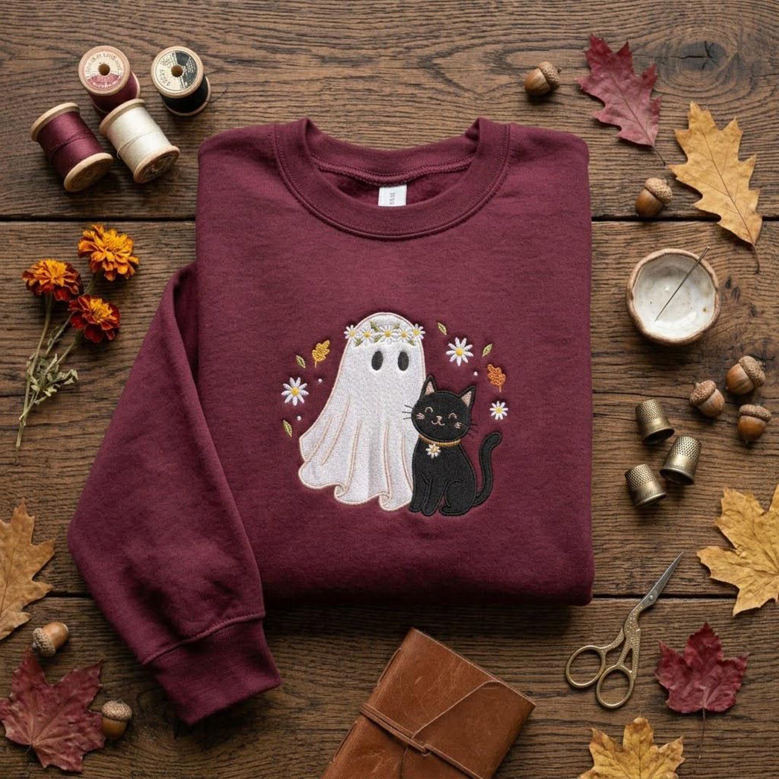 Cute Ghost and Black Cat Sweatshirt, Embroidered Halloween Crewneck, Floral Spooky Shirt, Autumn Gift, Cozy Fall Gift Idea for Mom 5