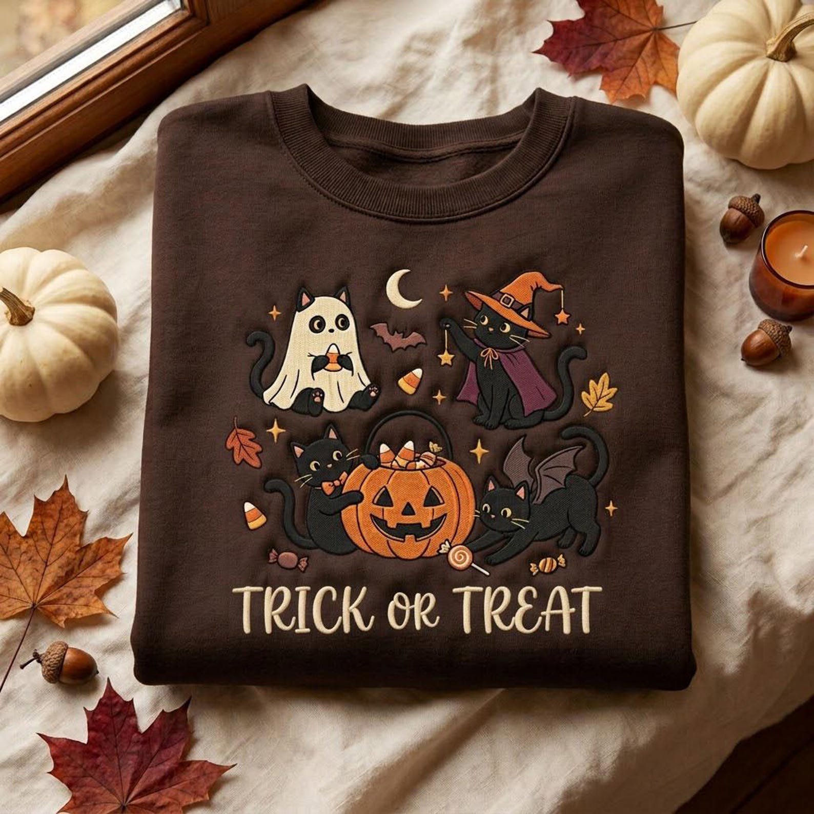 Halloween Embroidered Sweatshirt, Trick or Treat Cat Ghost Witch Design, Cute Pumpkin Spooky Season Pullover, Cozy Autumn Gift 2