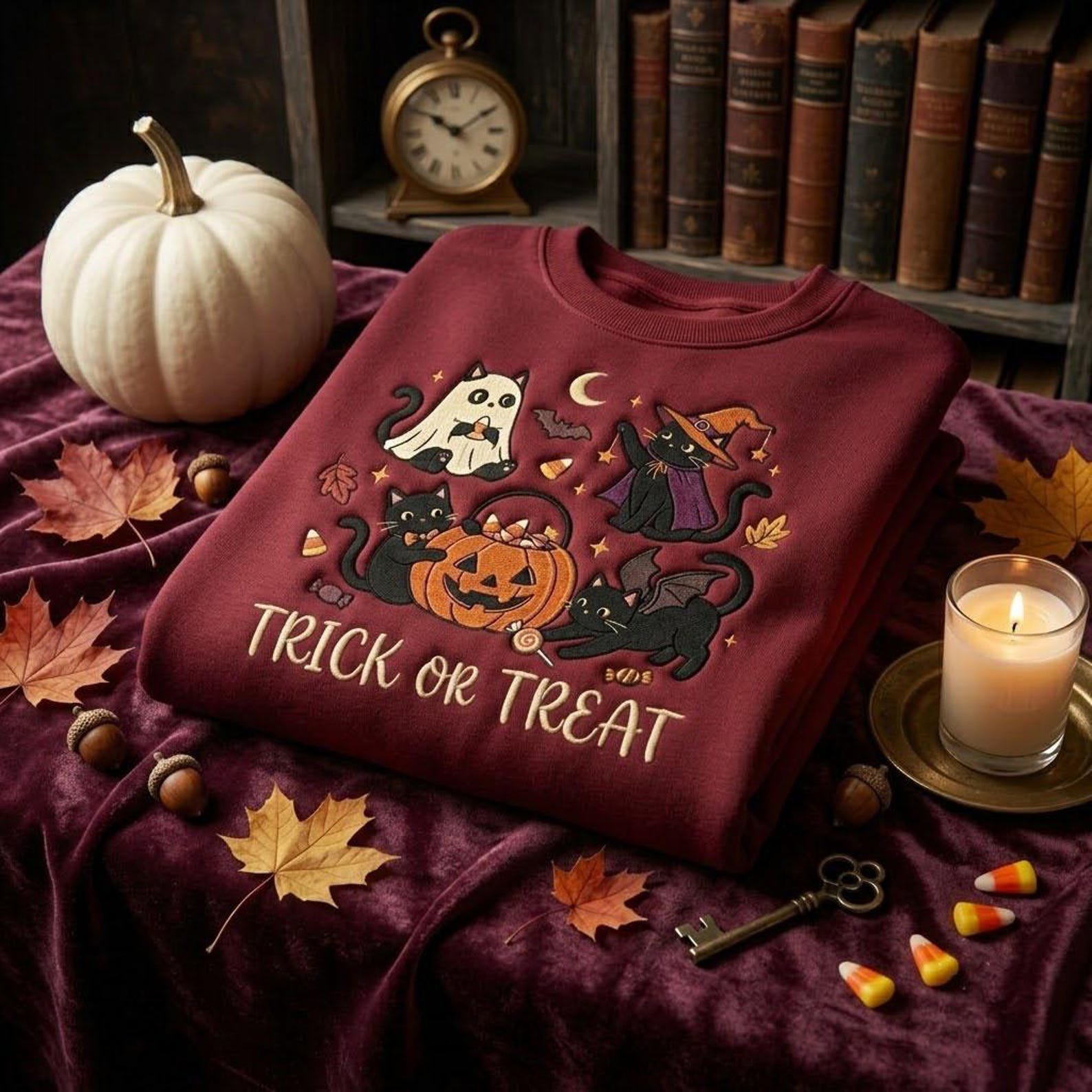 Halloween Embroidered Sweatshirt, Trick or Treat Cat Ghost Witch Design, Cute Pumpkin Spooky Season Pullover, Cozy Autumn Gift 3