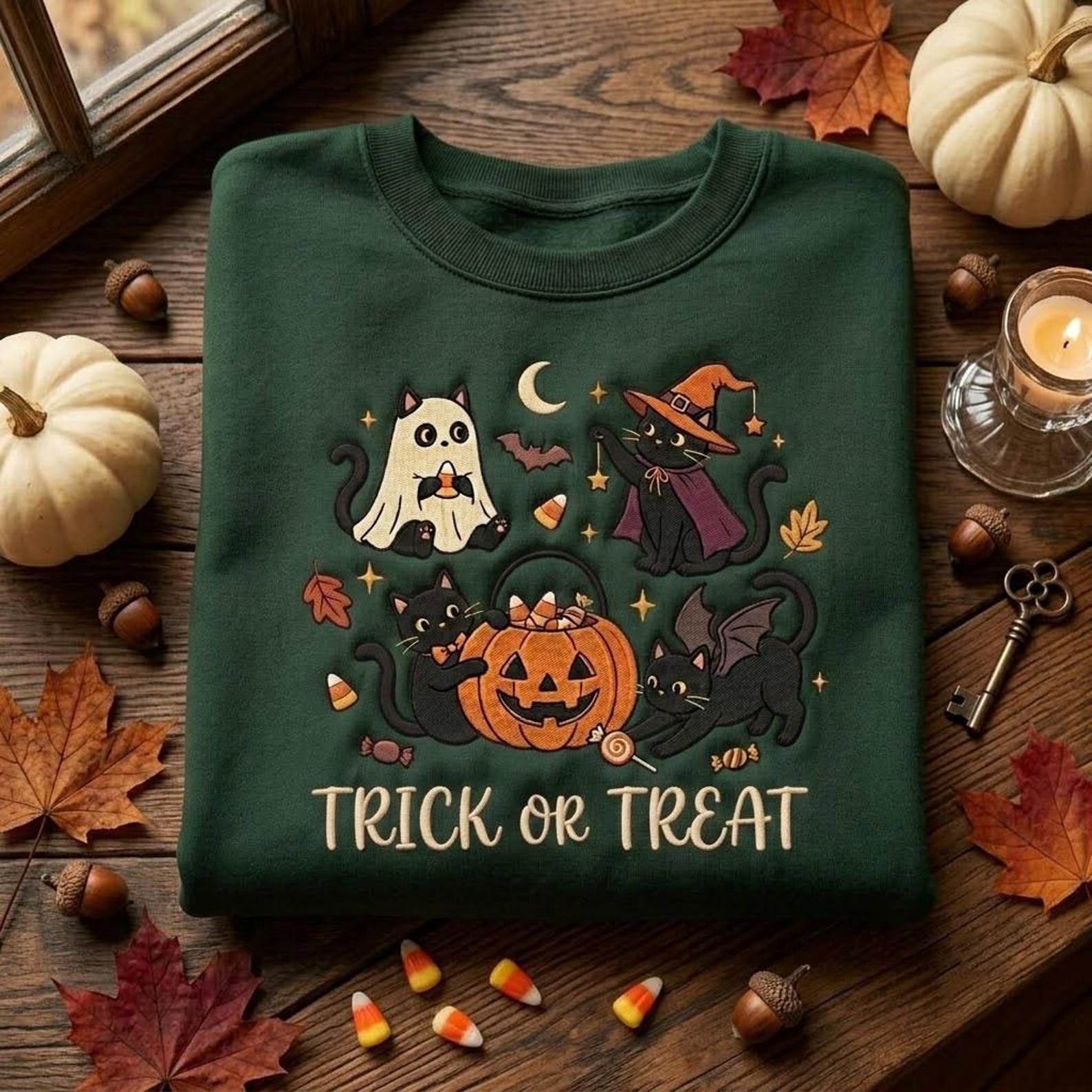 Halloween Embroidered Sweatshirt, Trick or Treat Cat Ghost Witch Design, Cute Pumpkin Spooky Season Pullover, Cozy Autumn Gift 5