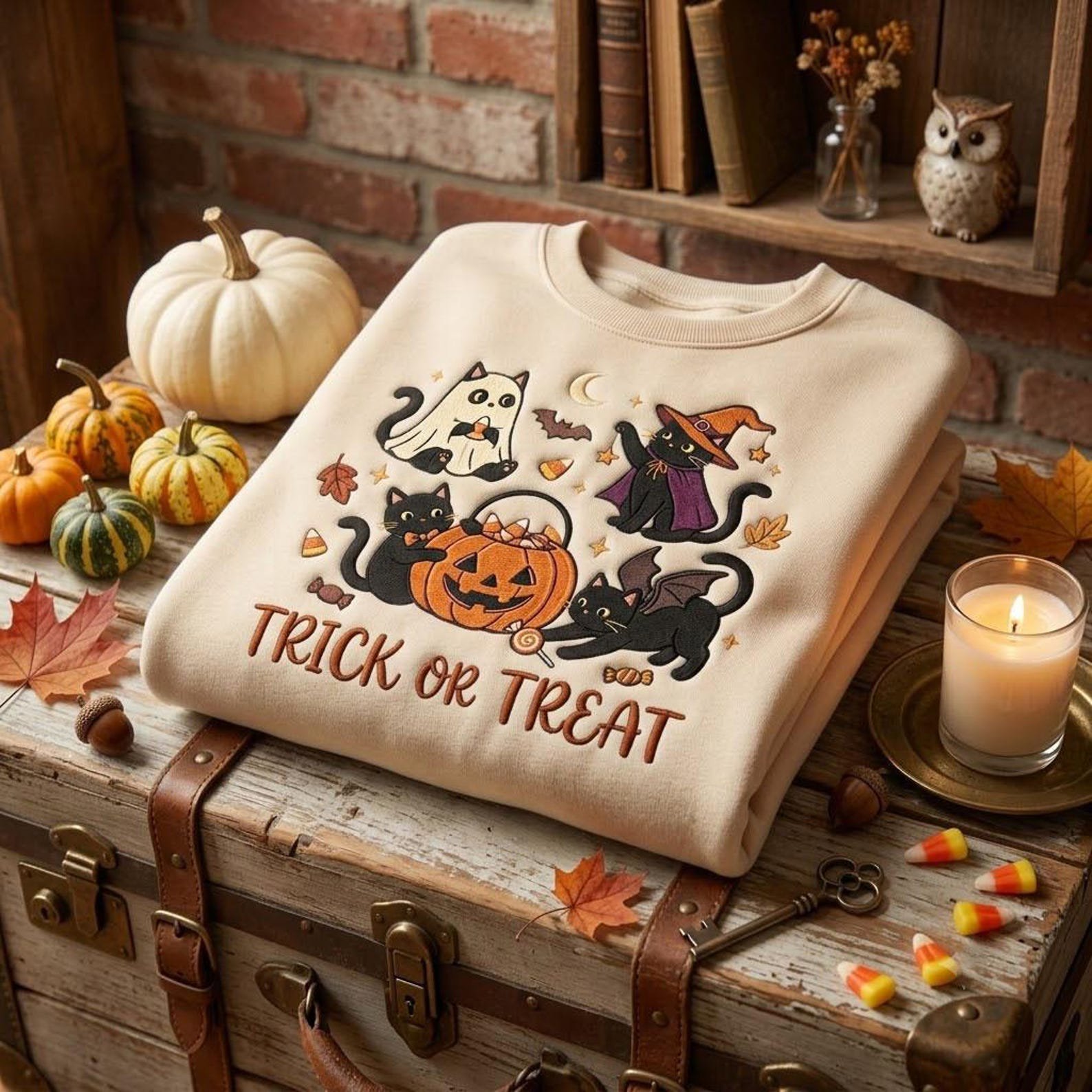 Halloween Embroidered Sweatshirt, Trick or Treat Cat Ghost Witch Design, Cute Pumpkin Spooky Season Pullover, Cozy Autumn Gift 4