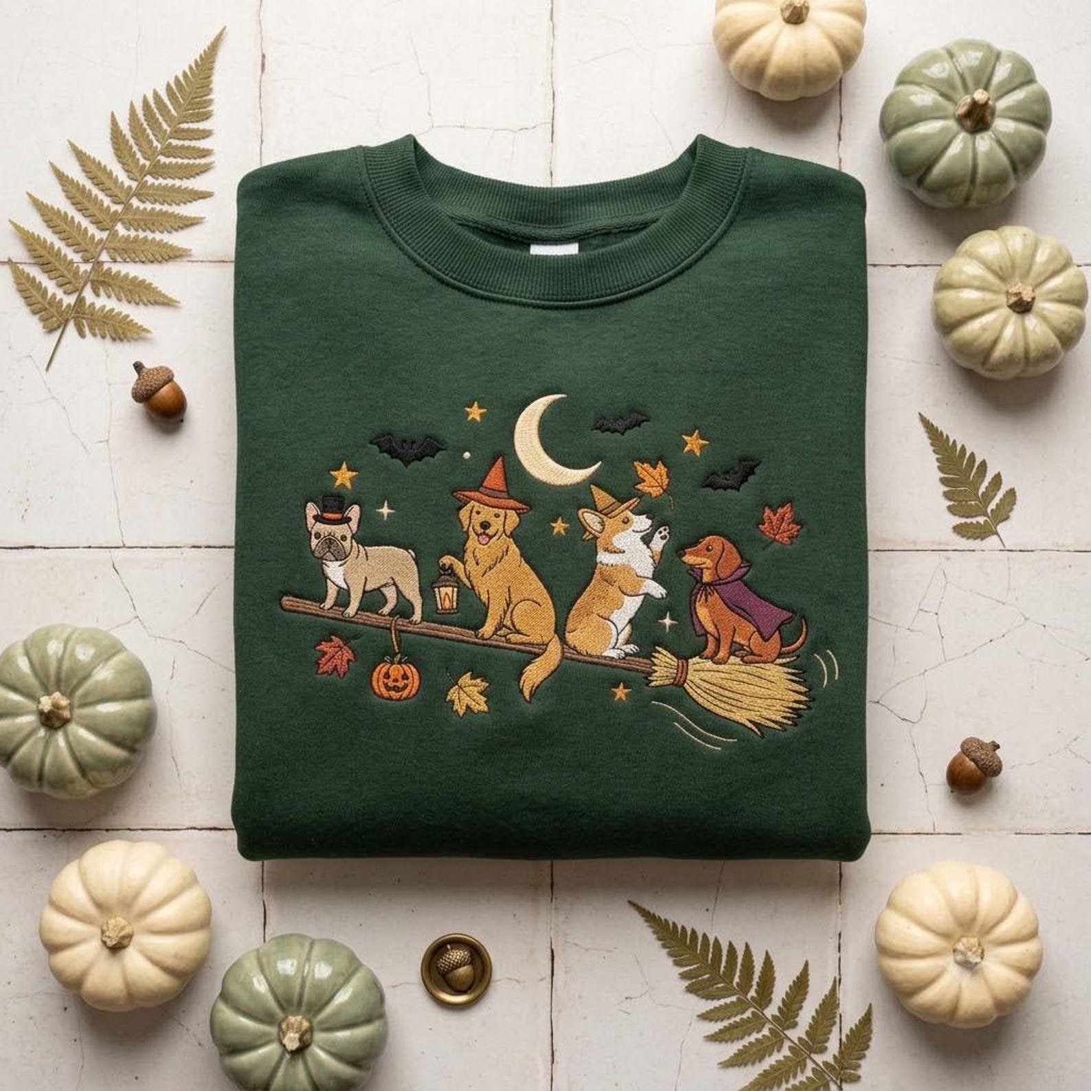 Embroidered Spooky Dogs Sweatshirt, Halloween Witch Pet Pullover, Cute Fall Dog Lover Gift, Pumpkin Moon and Flying Broom Design Art 3